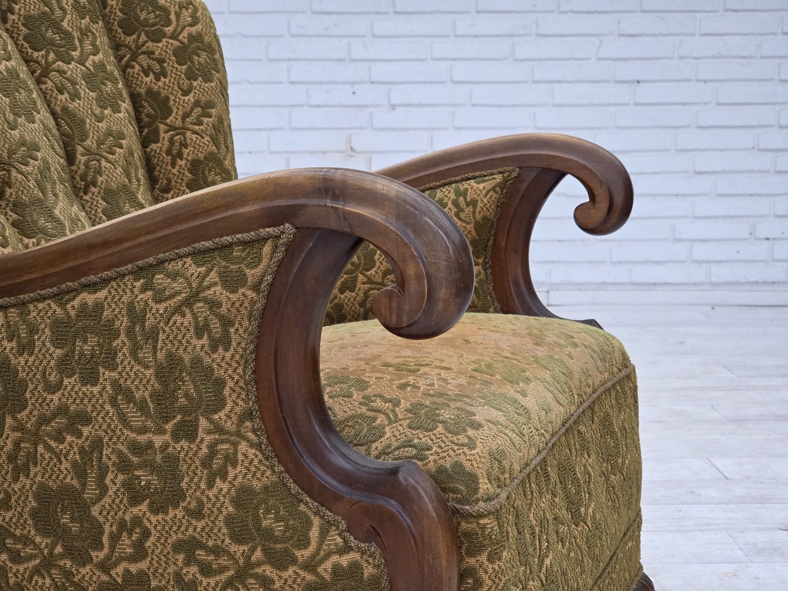 1950s, Danish Armchair, Furniture Wool, Hand Carved Oak Wood. photo for sale