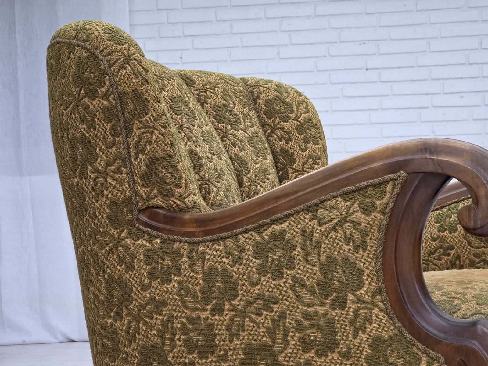 1950s, Danish Armchair, Furniture Wool, Hand Carved Oak Wood. photo vinterior