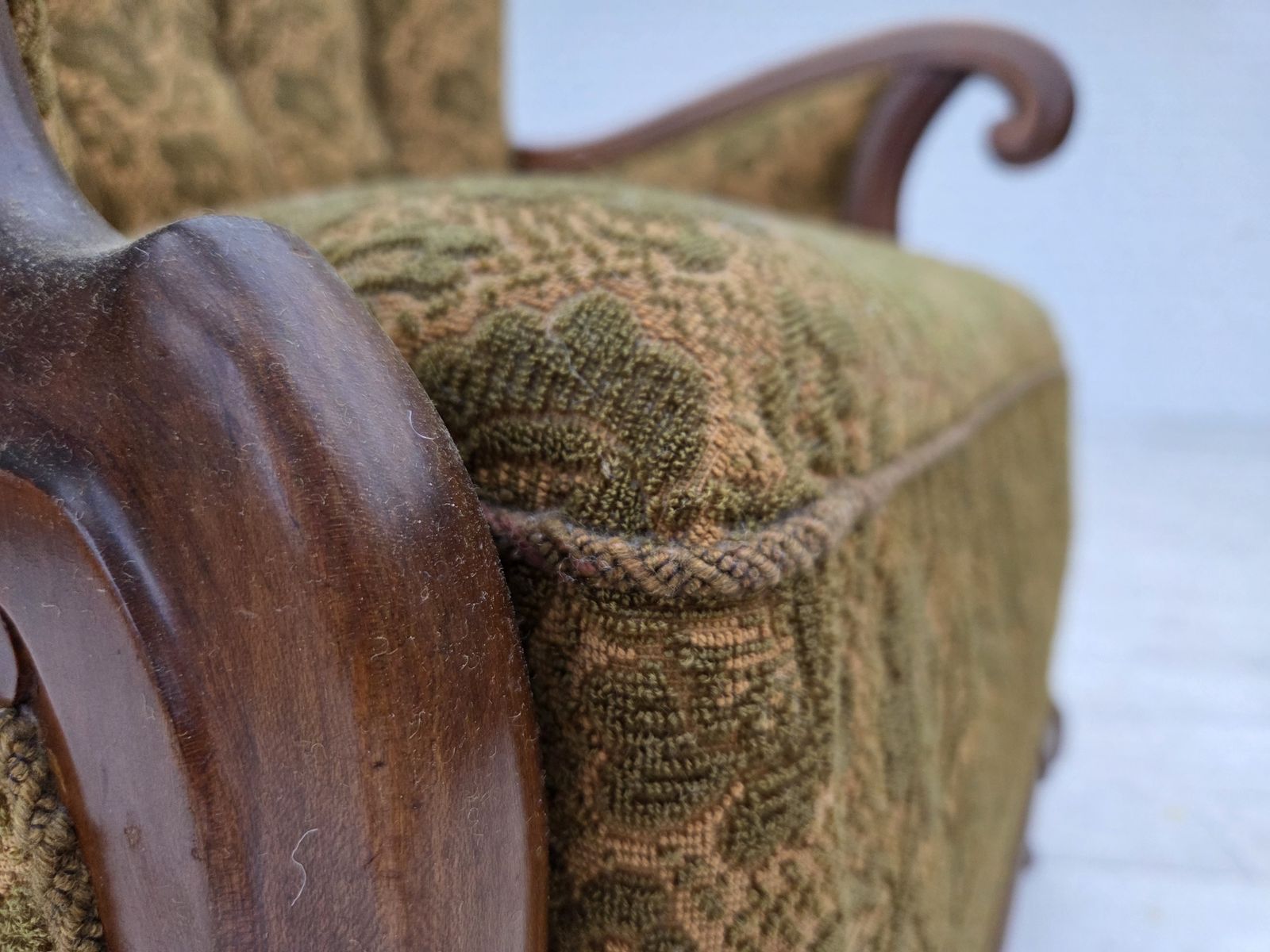 1950s, Danish Armchair, Furniture Wool, Hand Carved Oak Wood. photo buy