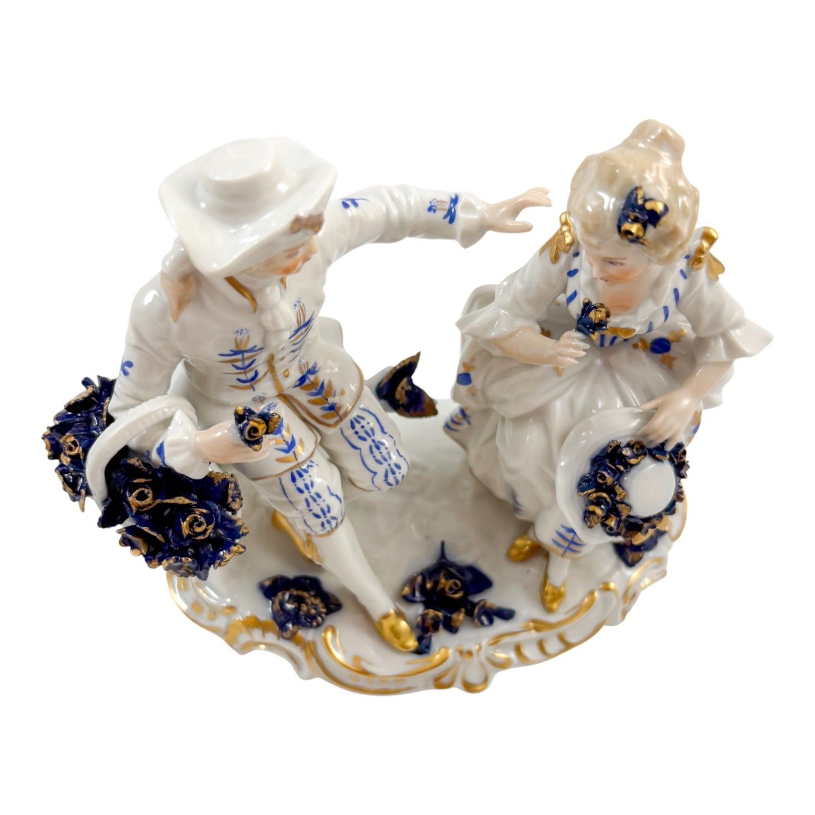 Sitzendorf Porcelain Romantic Couple Group, Cobalt Blue Flowers & Gilt, C.1940s photo vinterior