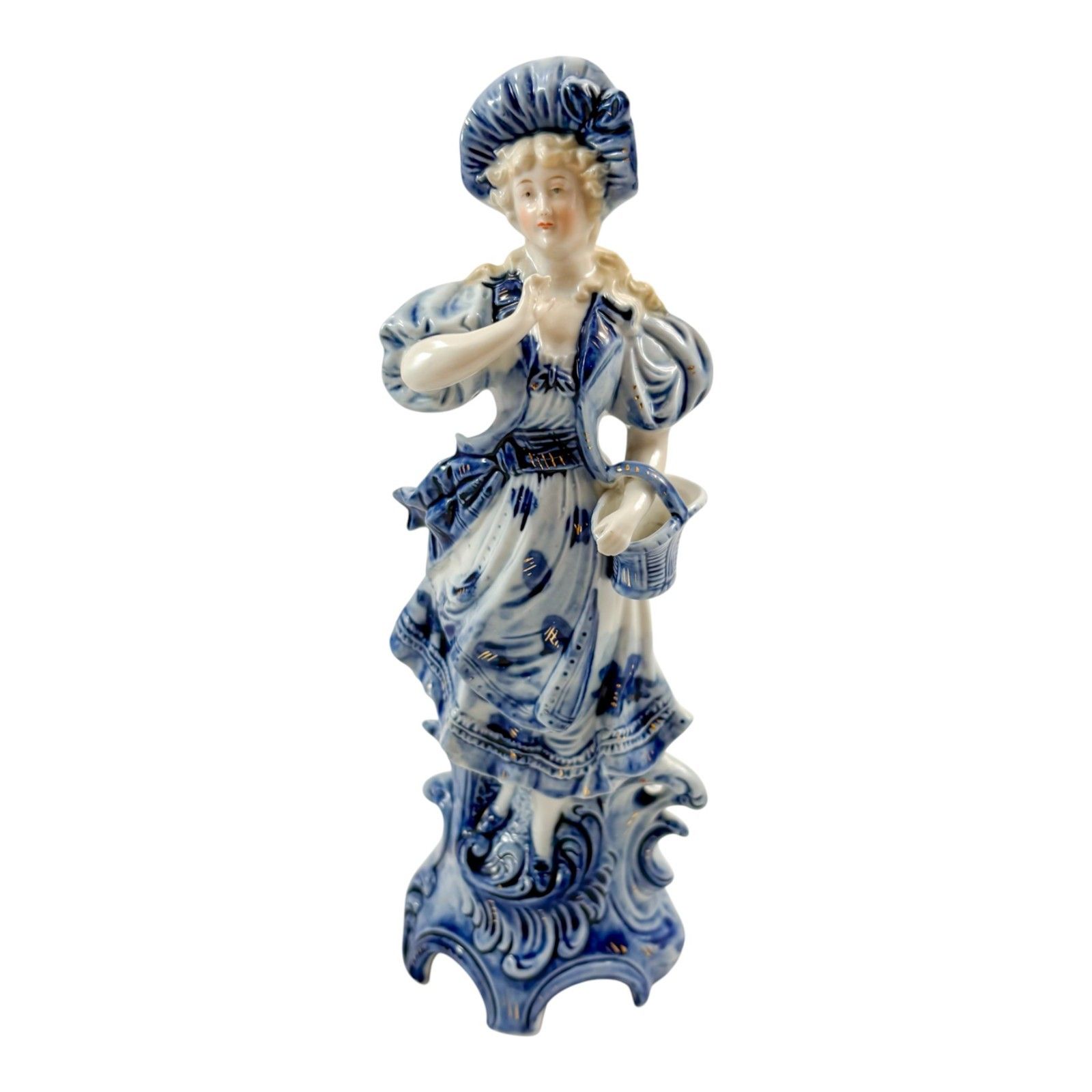 Antique Dresden Porcelain Lady Figure With Basket, Blue And White, 19th Century photo furniture