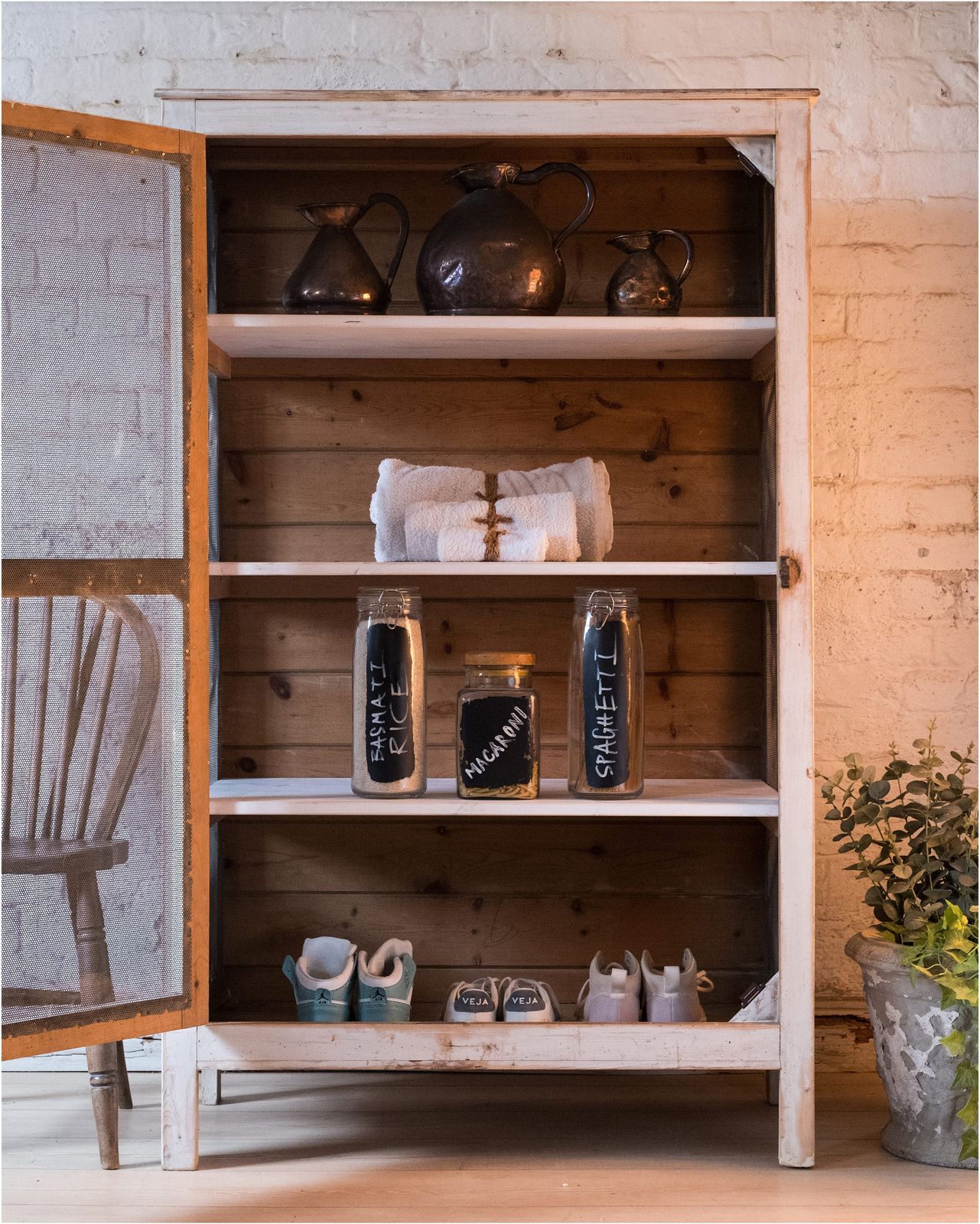 Early 20th Century Pine Shelved Larder Linen Meshed Cupboard (915) photo furniture