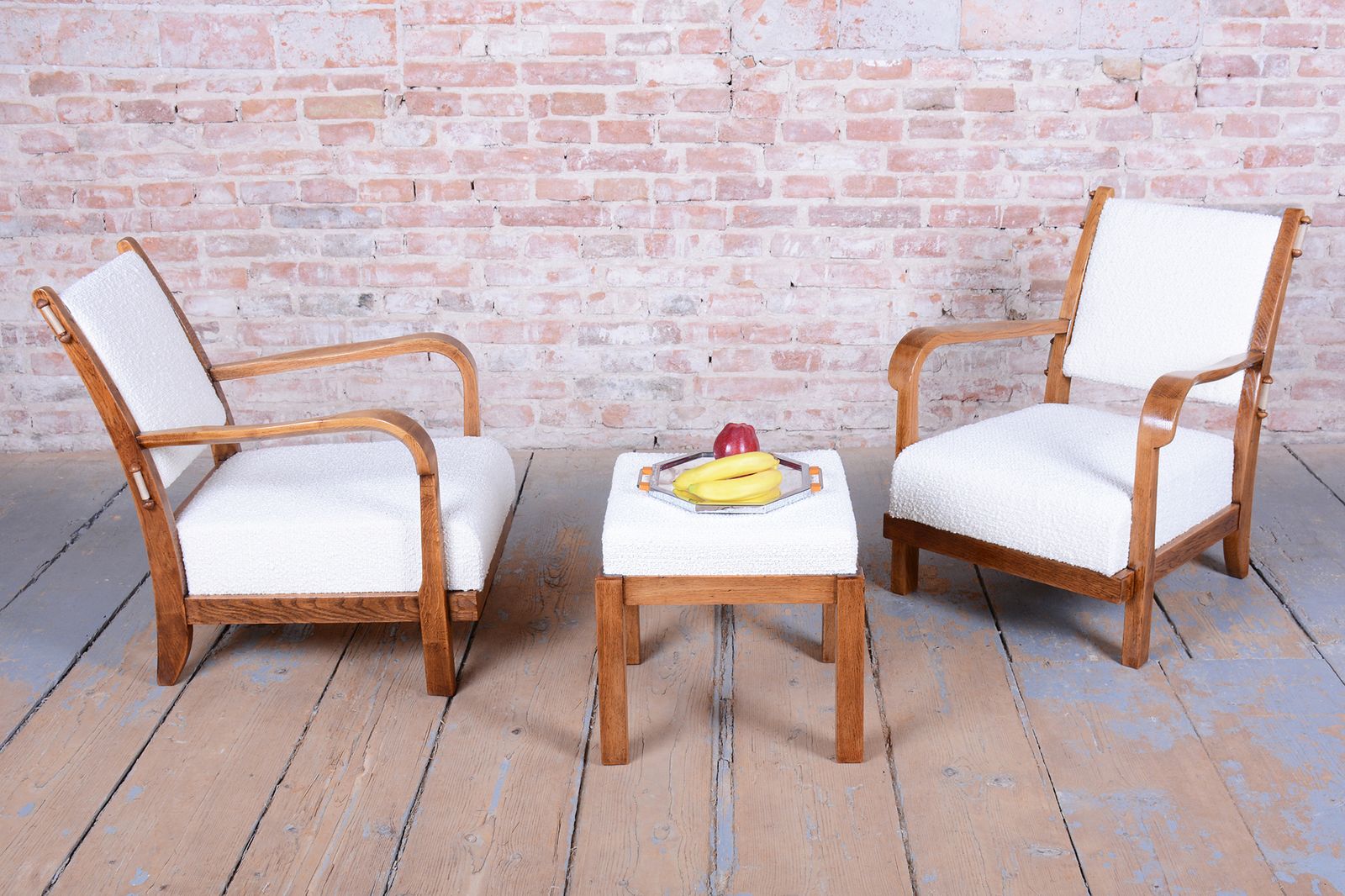 Restored Art Deco Stool, By Krásná Jizba, Oak, Reupholstered, Czech, 1930s photo buy