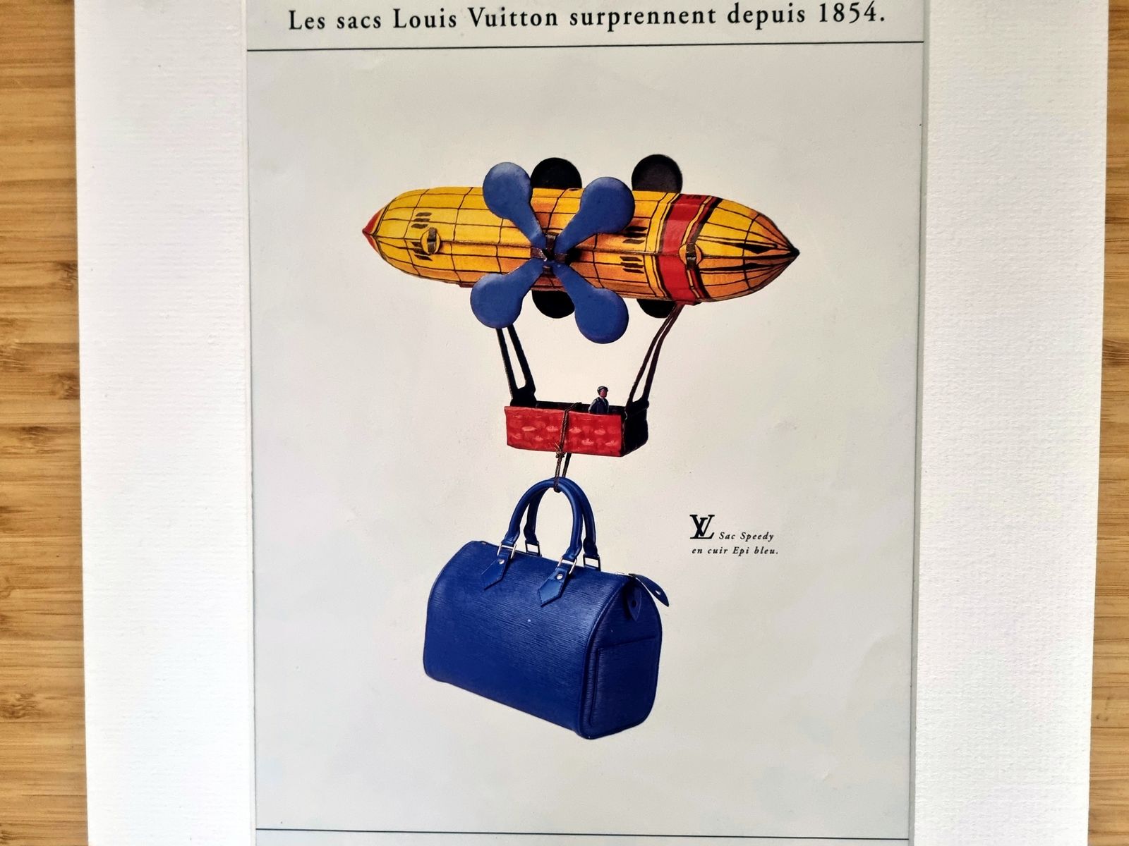 Vintage Fashion Advertisement, French Luxury Travel Decor, Louis Vuitton Speedy Bag Blue Image, Mounted Magazine Page In French photo Art
