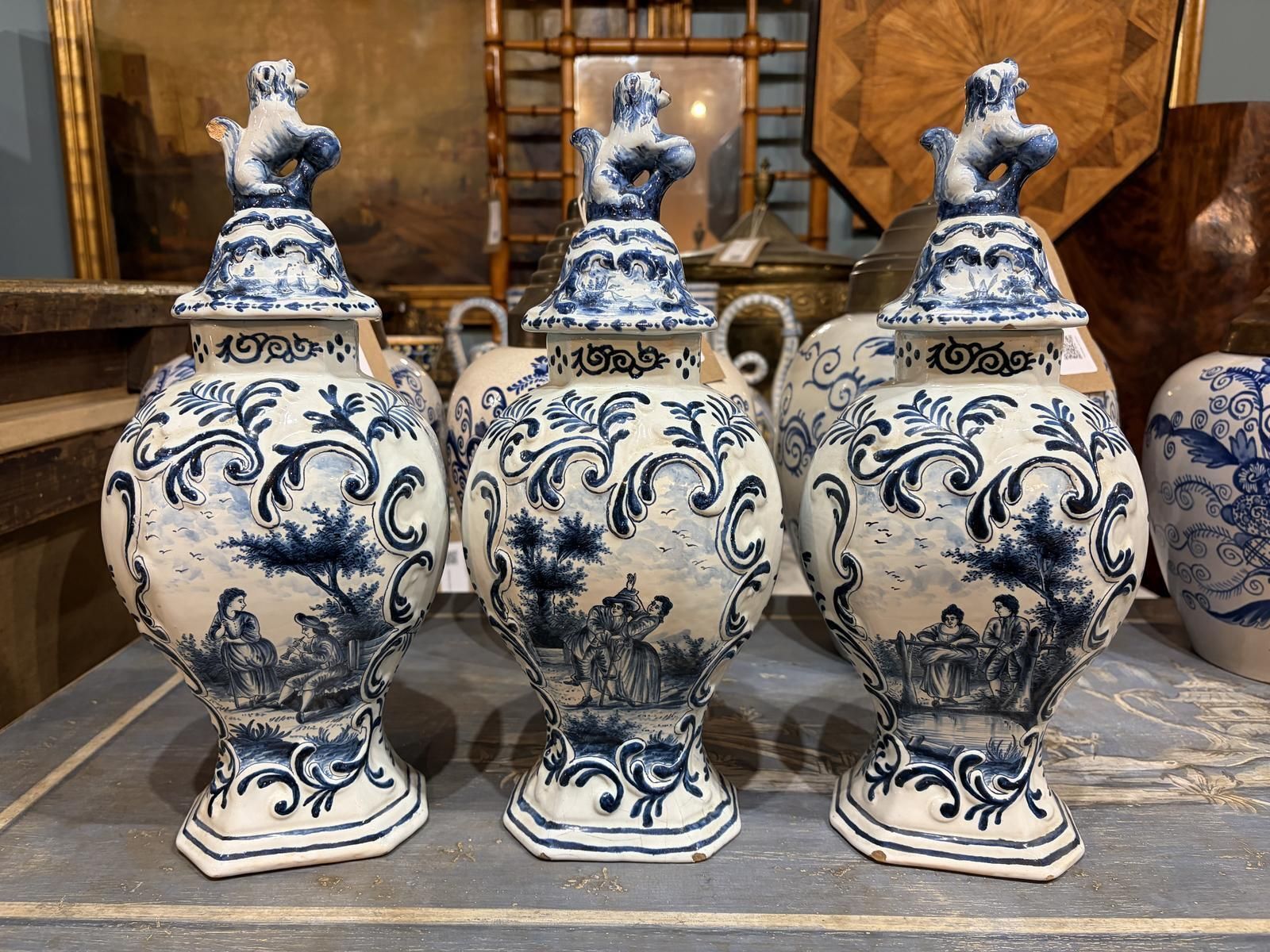Trio Of Dutch 19th Century Delft Lidded Vases photo Home Decor
