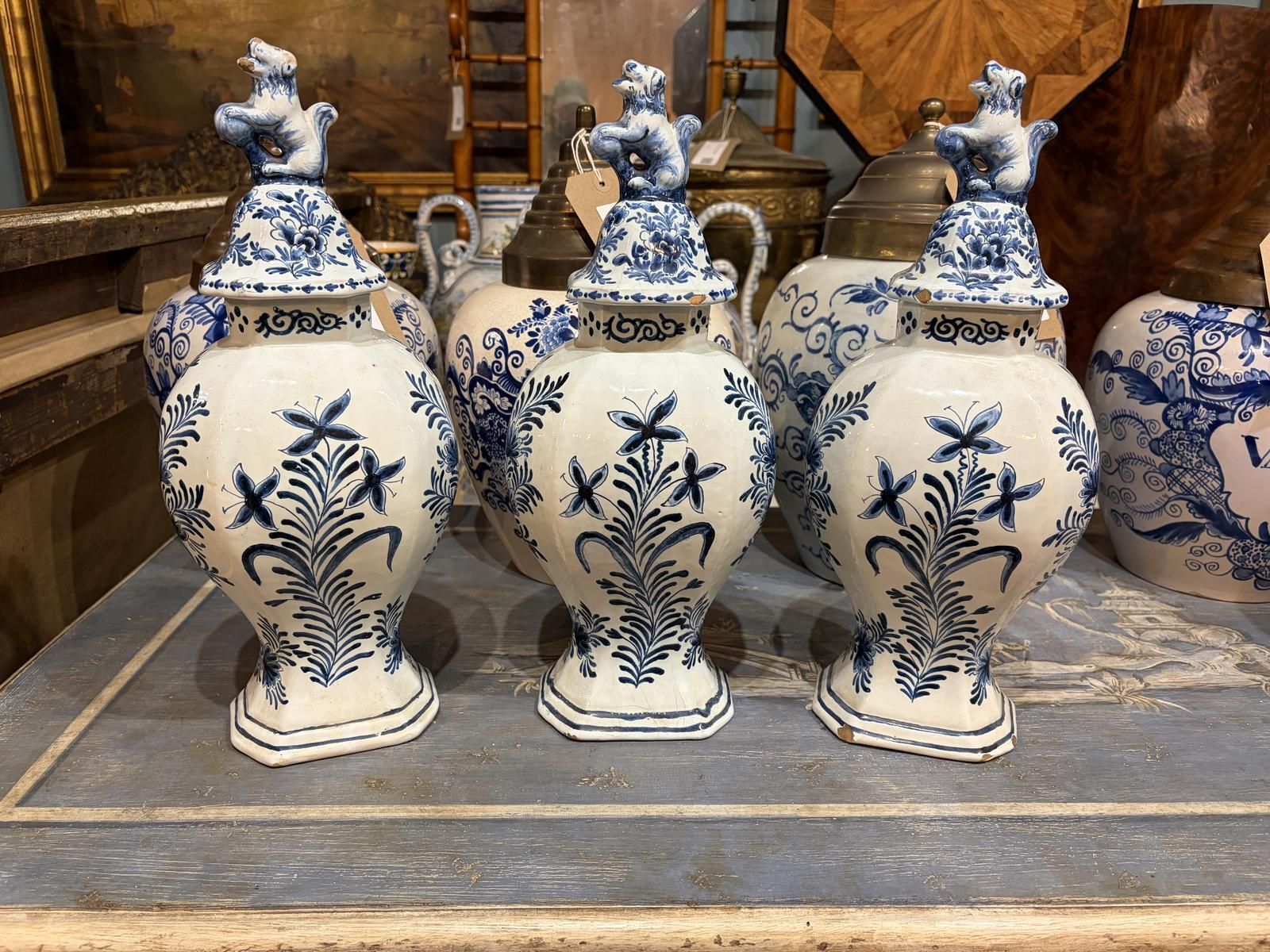 Trio Of Dutch 19th Century Delft Lidded Vases photo vinterior