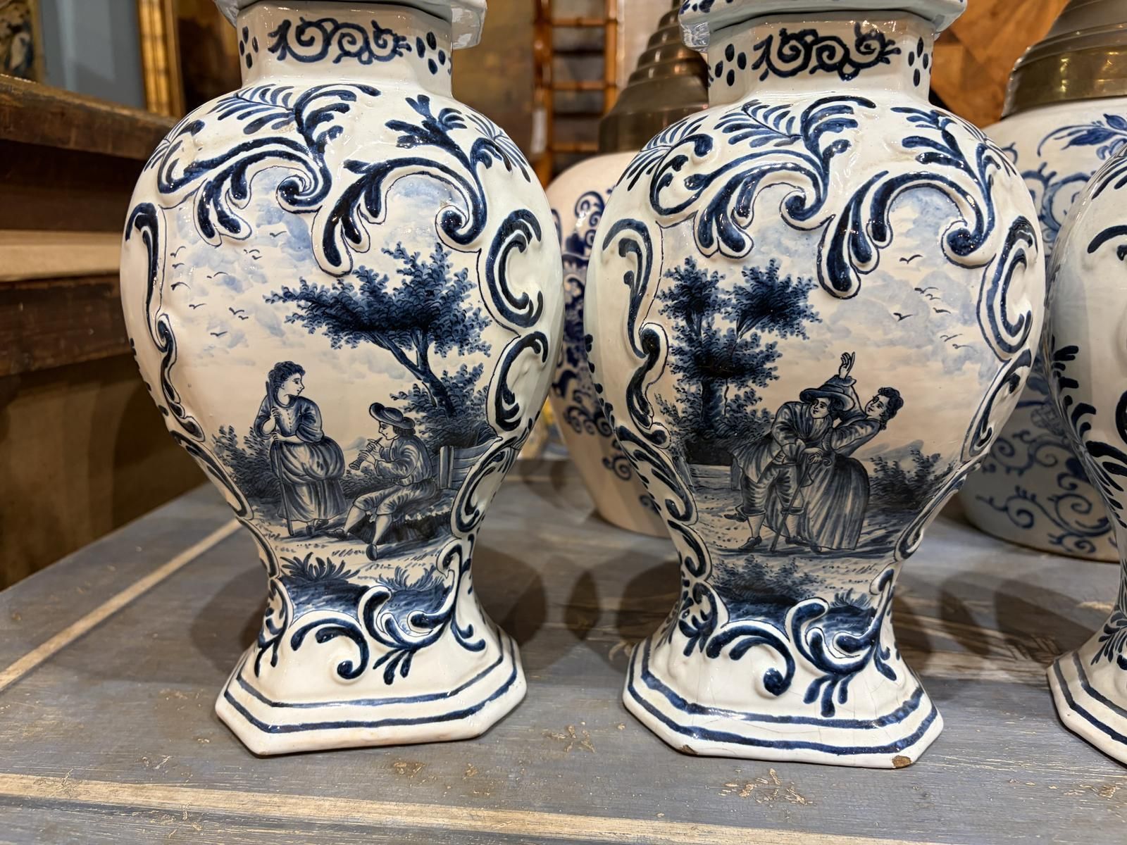 Trio Of Dutch 19th Century Delft Lidded Vases photo buy