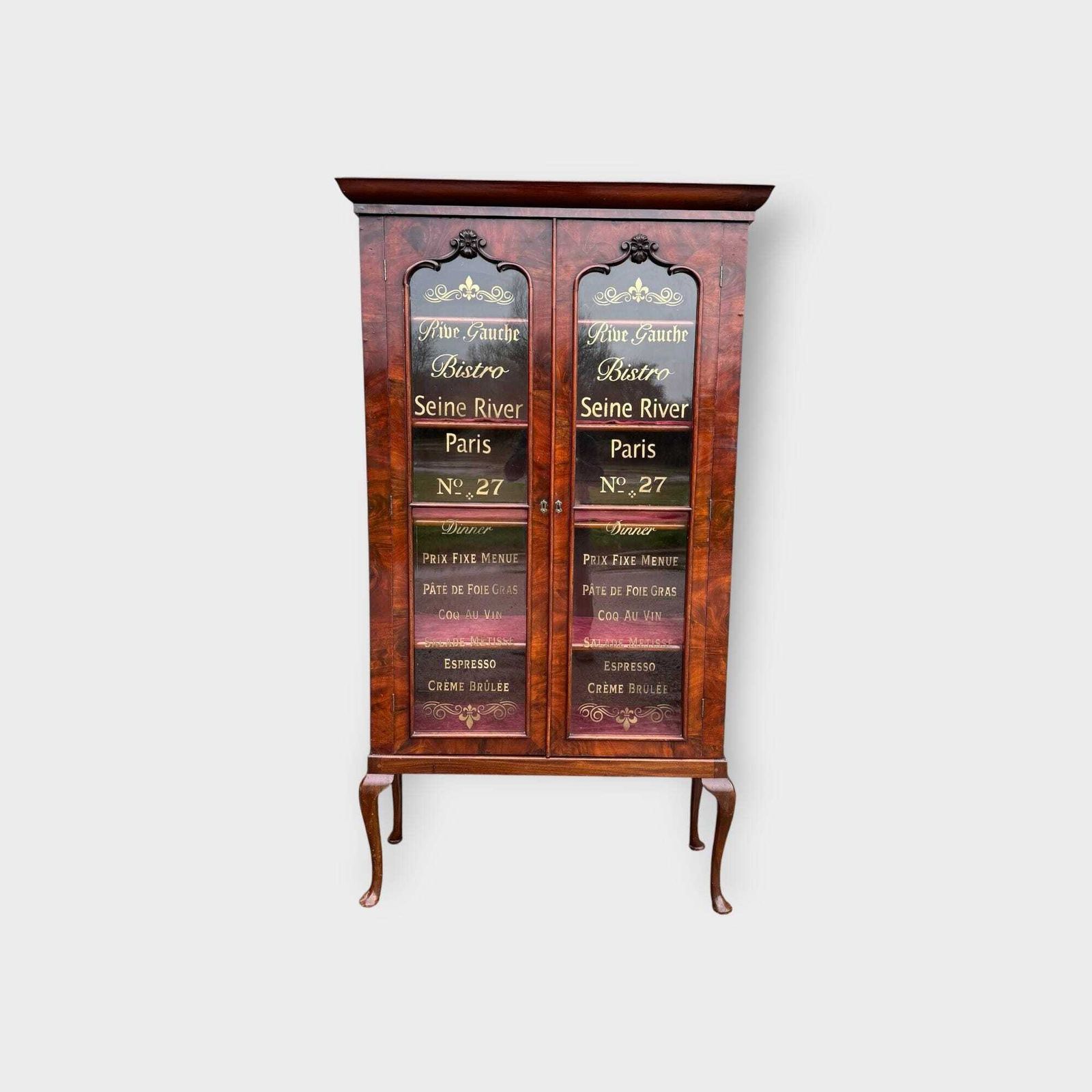 Antique Tall Walnut 2 Door Glazed Bookcase With Cupboard & Later Lettering