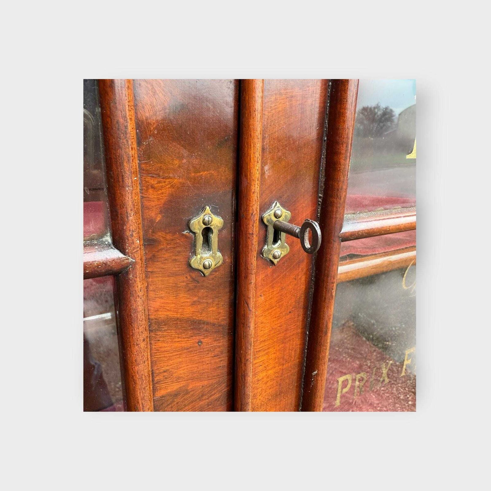 photo furniture Antique Tall Walnut 2 Door Glazed Bookcase With Cupboard & Later Lettering