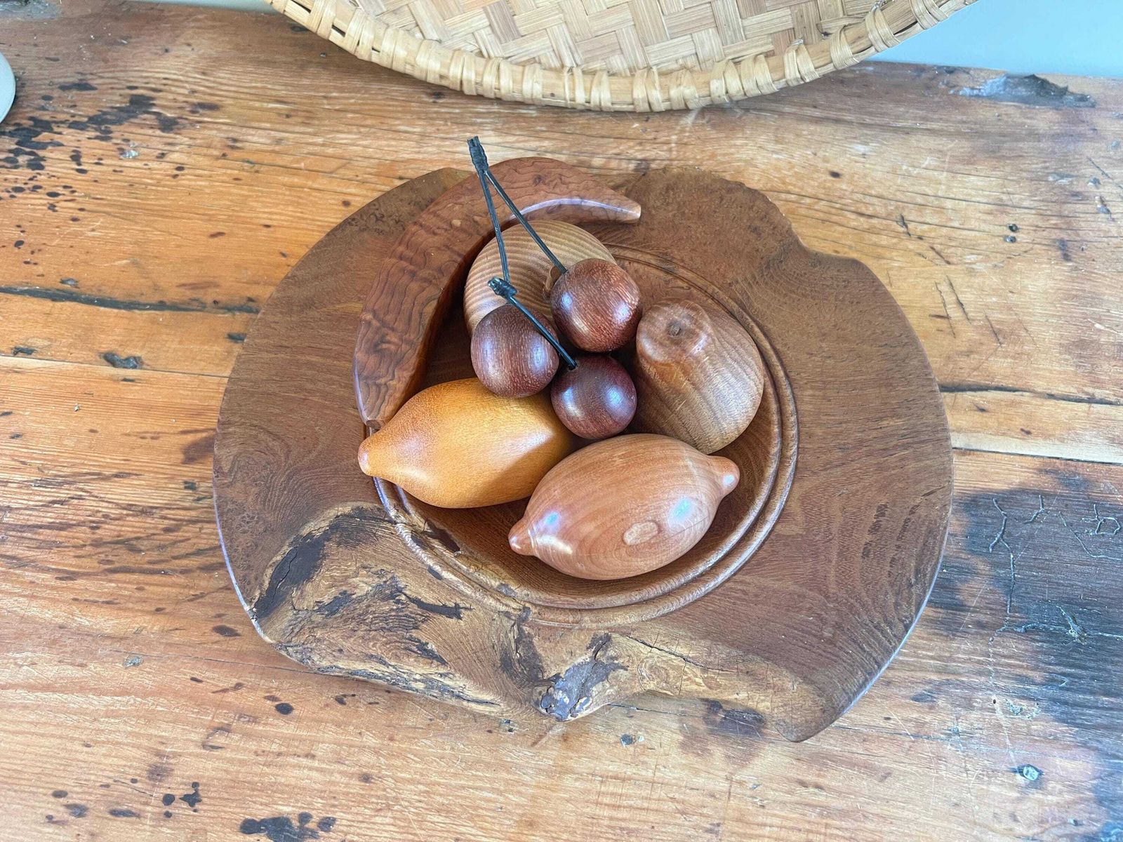 Vintage Hand Turned Wood Fruit & Bowl Set | John Lowe Acacia Burl Bowl David Gliddon Fruit | Mid Century Studio Woodcraft | 7 Piece Set photo furniture