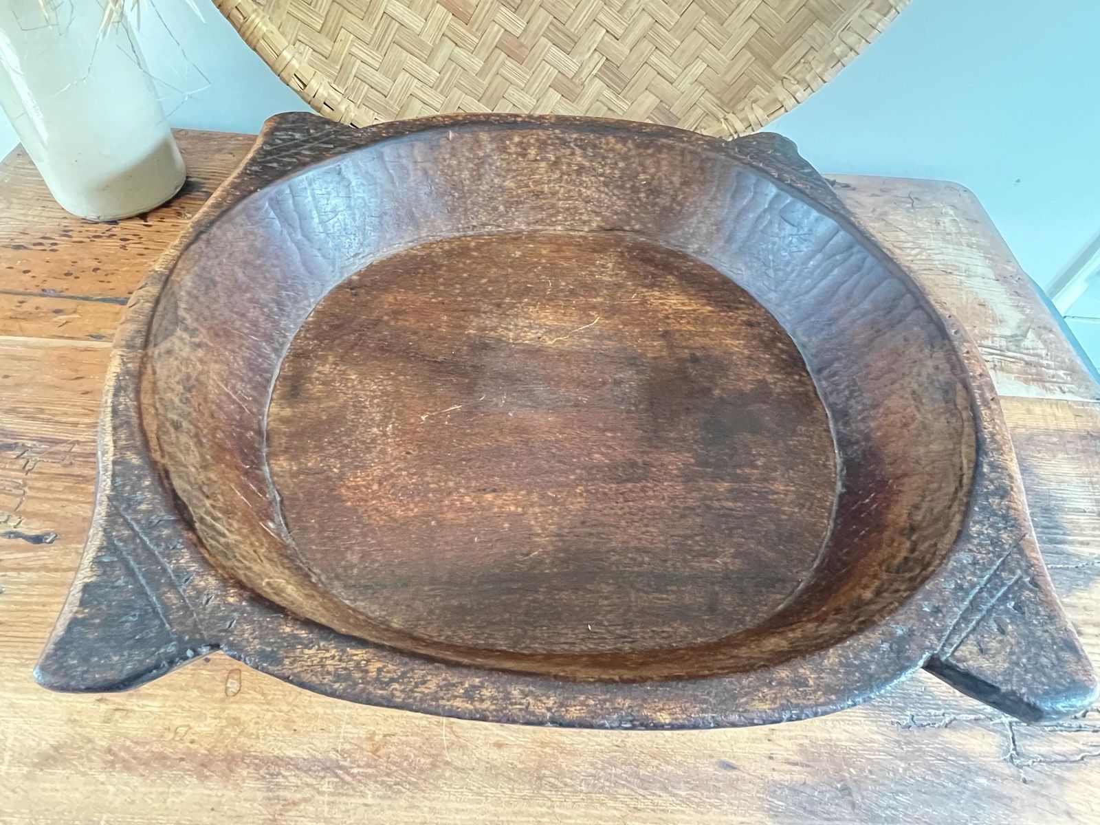 Antique Dark Wood Parat Bowl, Large Hand Carved Indian Dough Bowl, Primitive Teak Treenware, Wabi Sabi Rustic Table Centrepiece 19th Century photo furniture