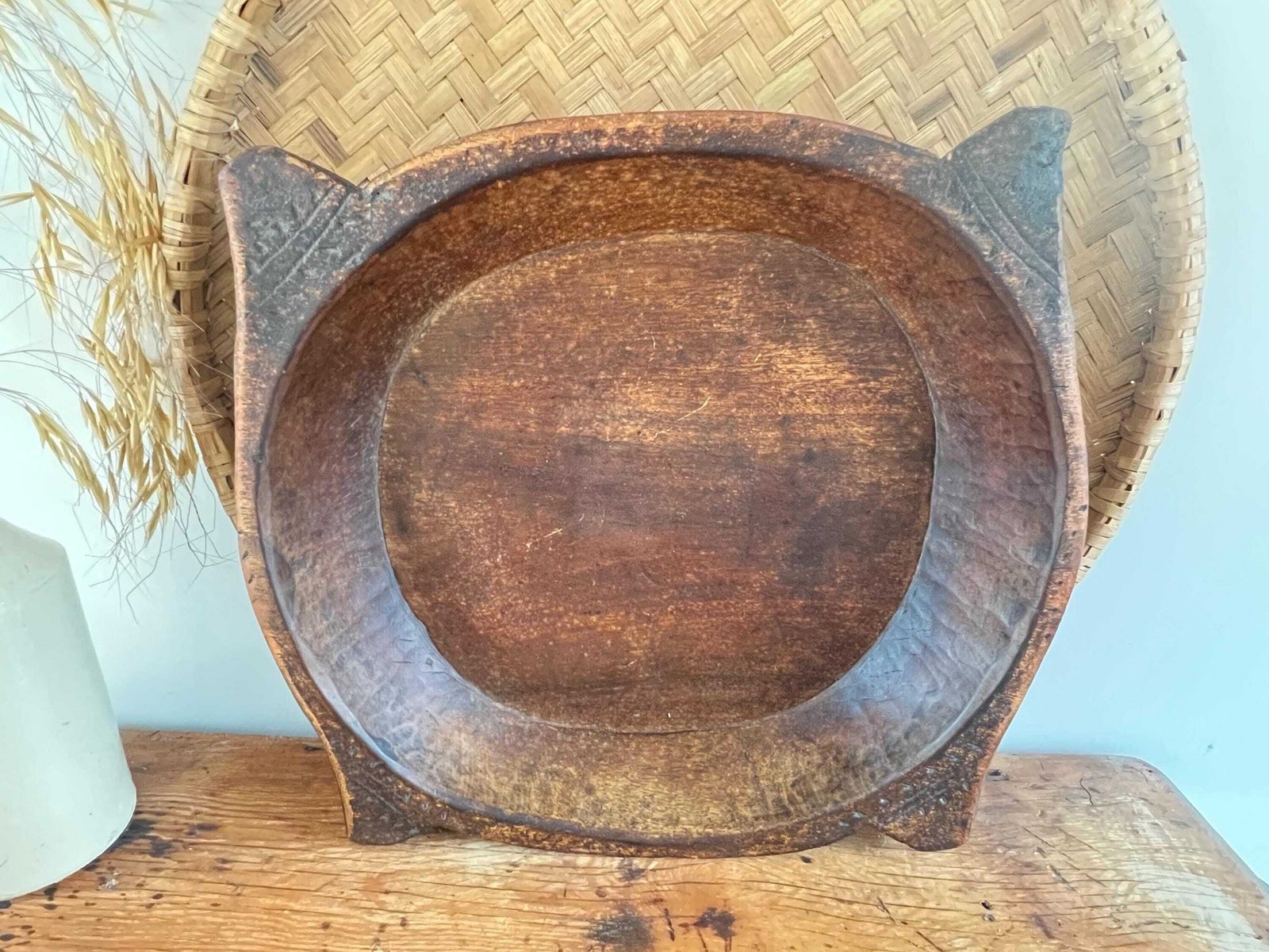 Antique Dark Wood Parat Bowl, Large Hand Carved Indian Dough Bowl, Primitive Teak Treenware, Wabi Sabi Rustic Table Centrepiece 19th Century photo for sale