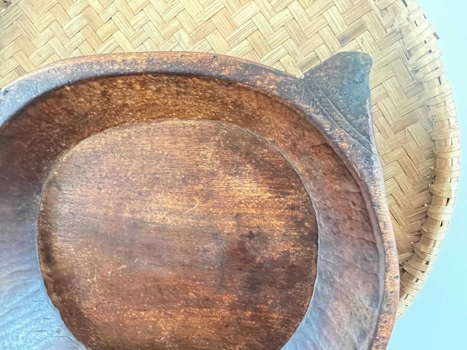 Antique Dark Wood Parat Bowl, Large Hand Carved Indian Dough Bowl, Primitive Teak Treenware, Wabi Sabi Rustic Table Centrepiece 19th Century photo buy