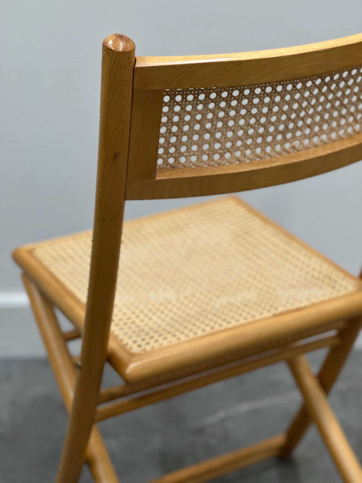 Rare Set Of Four Belgian Folding Chairs In Solid Wood And Hand Woven Cane, Mid Century. photo buy