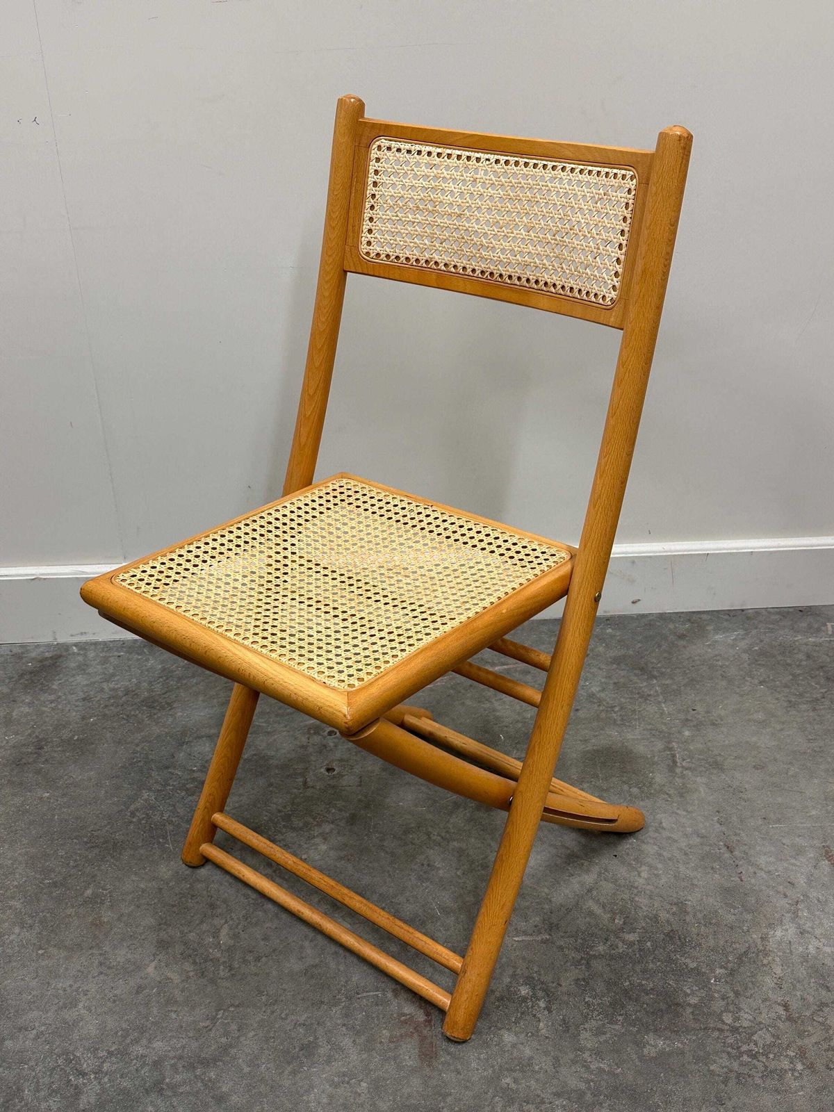 Rare Set Of Four Belgian Folding Chairs In Solid Wood And Hand Woven Cane, Mid Century. photo vintage