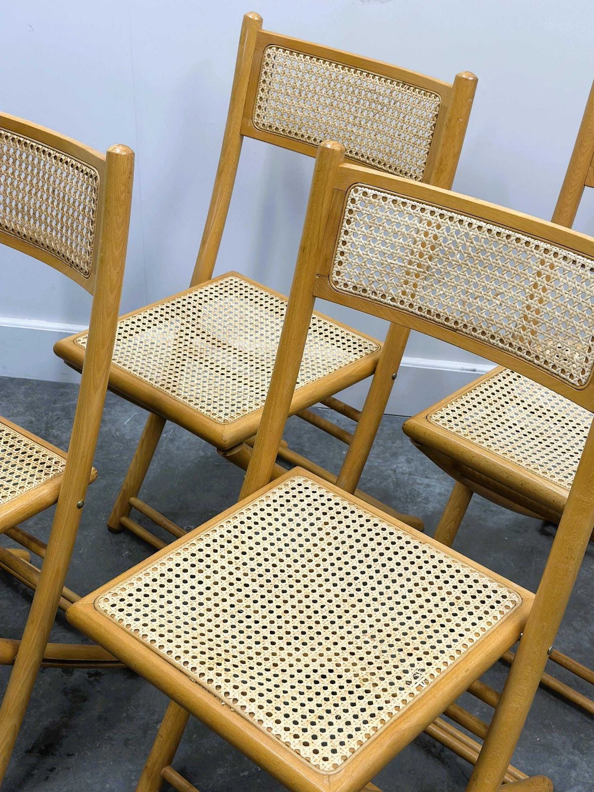 photo for sale Rare Set Of Four Belgian Folding Chairs In Solid Wood And Hand Woven Cane, Mid Century.
