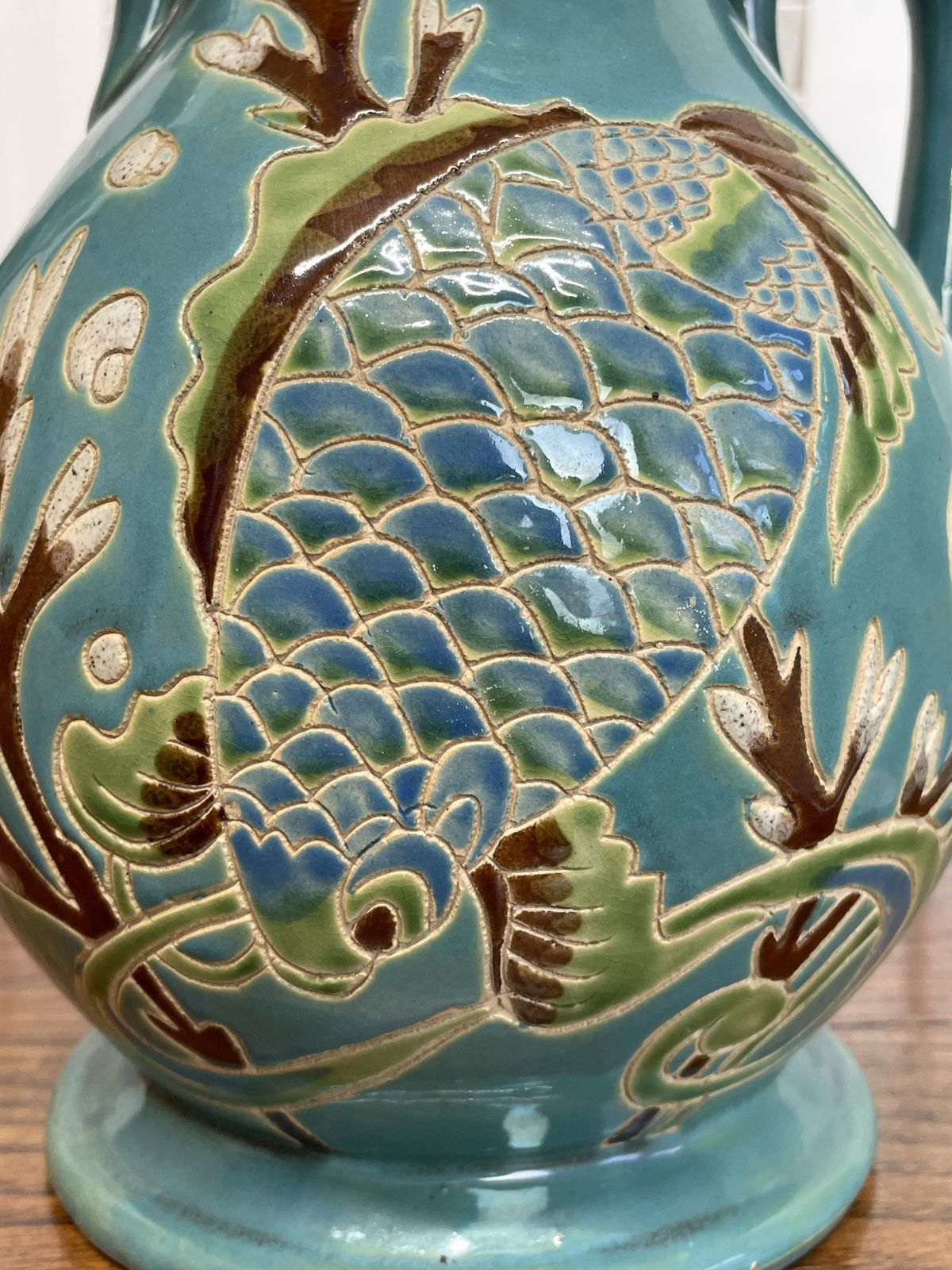 Large Oriental Teal Lustre Vase With Incised Fish Decoration photo vinterior