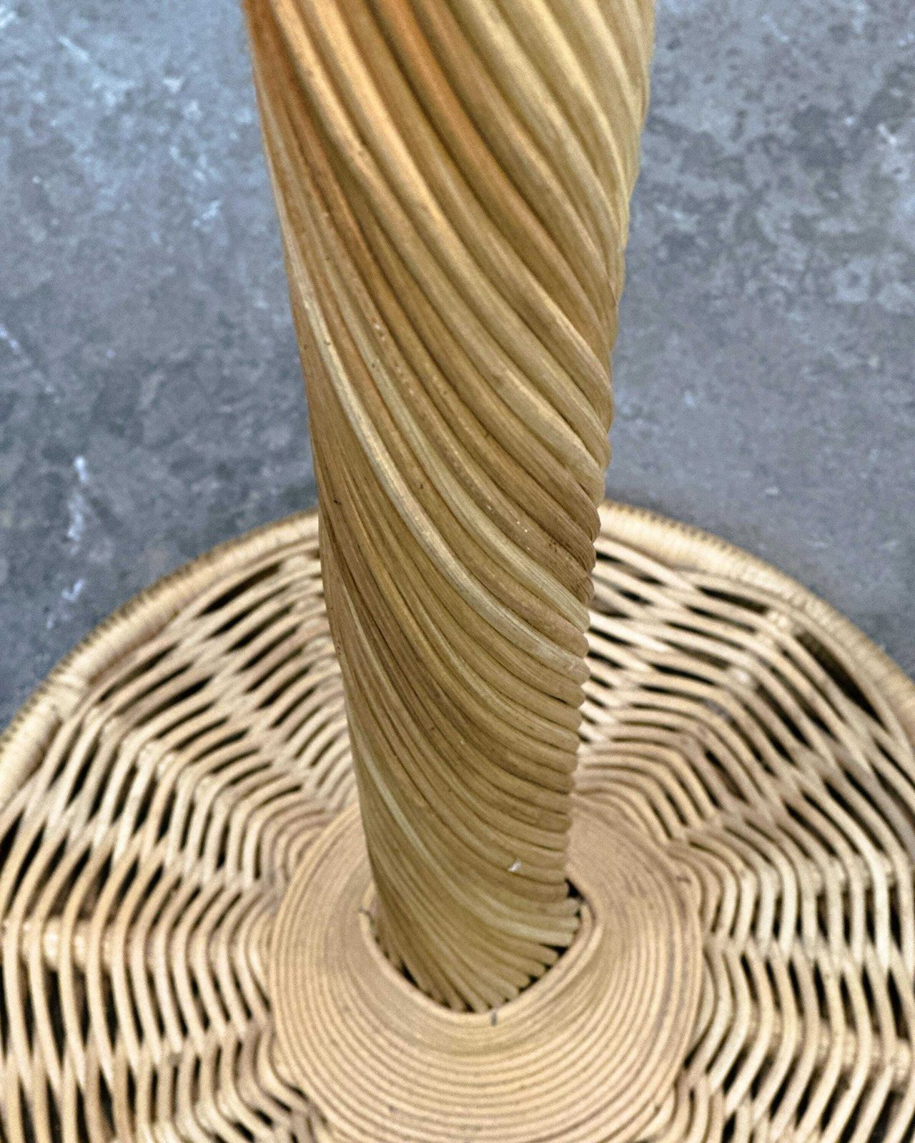 photo furniture Large French Rattan Floor Lamp, Mid Century Mushroom Shade, Vintage Wicker Standing Lamp, 1950s