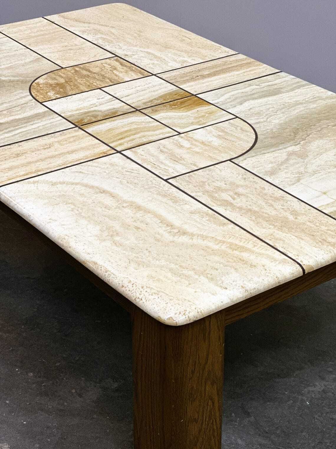 Large 1970s Travertine Stone Coffee Table With Sculptural Inlay Top And Solid Oak Base photo for sale