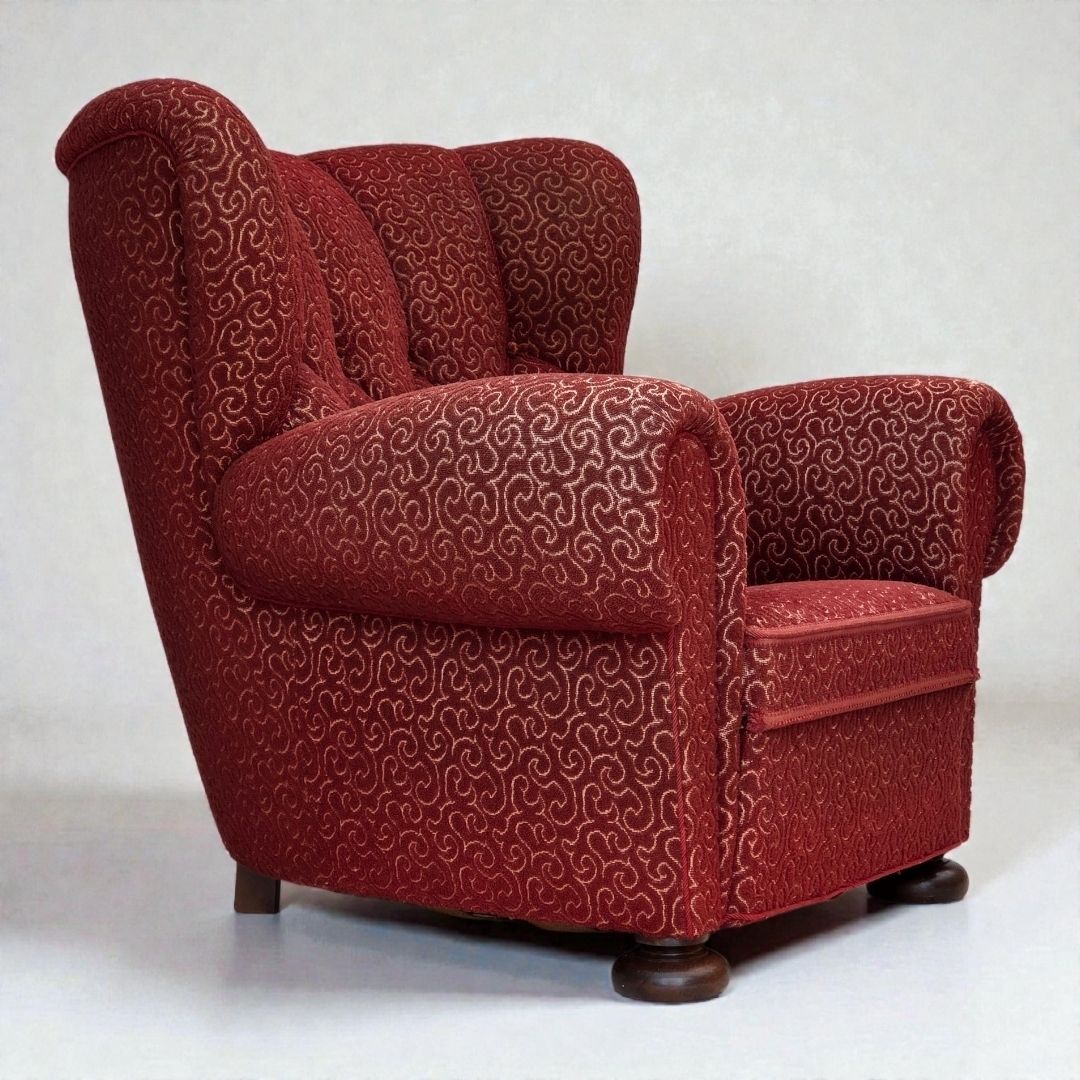 1960s, Danish Relax Armchair, Original Red Furniture Wool, Oak Wood Legs.