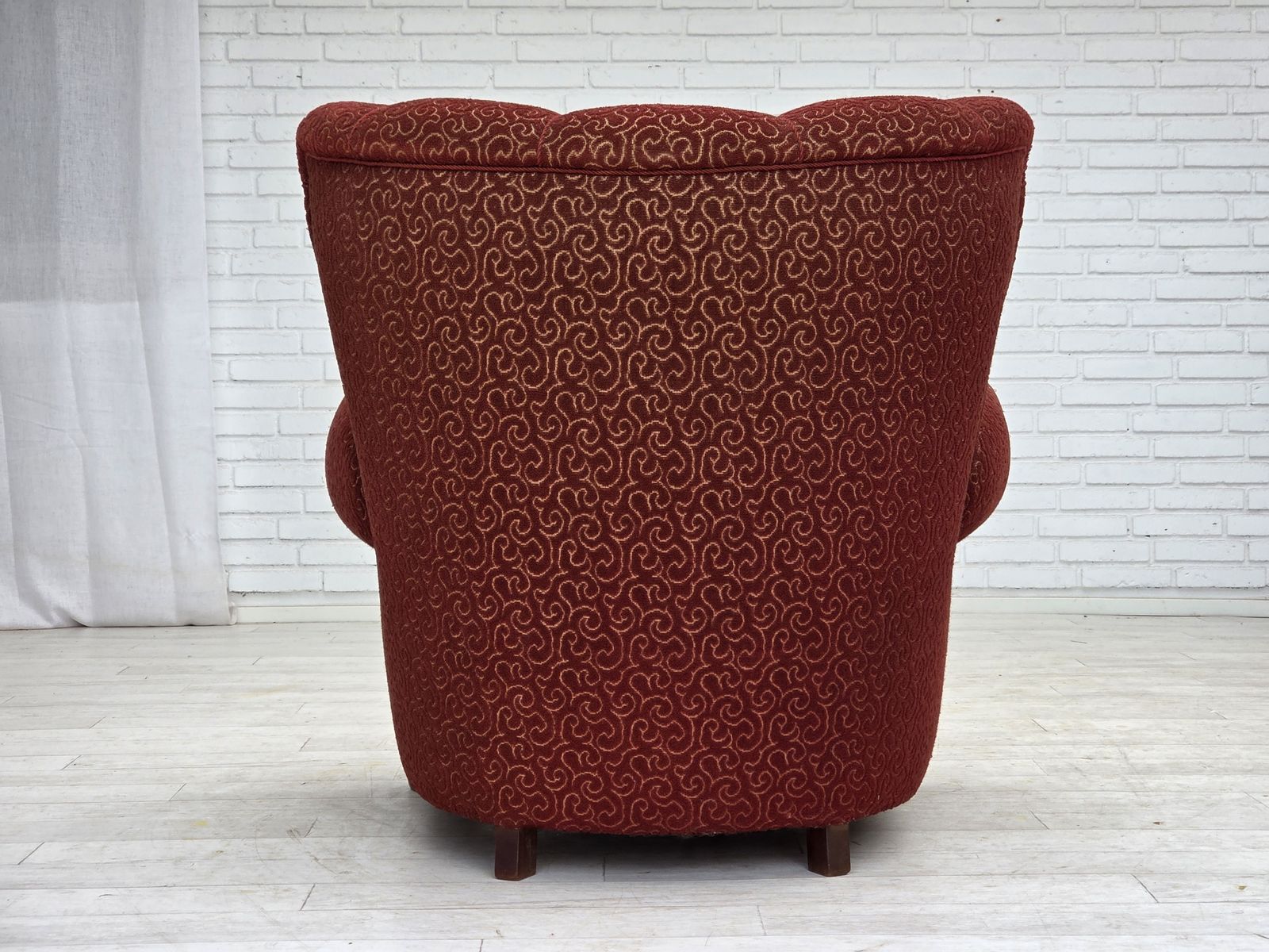 photo buy 1960s, Danish Relax Armchair, Original Red Furniture Wool, Oak Wood Legs.