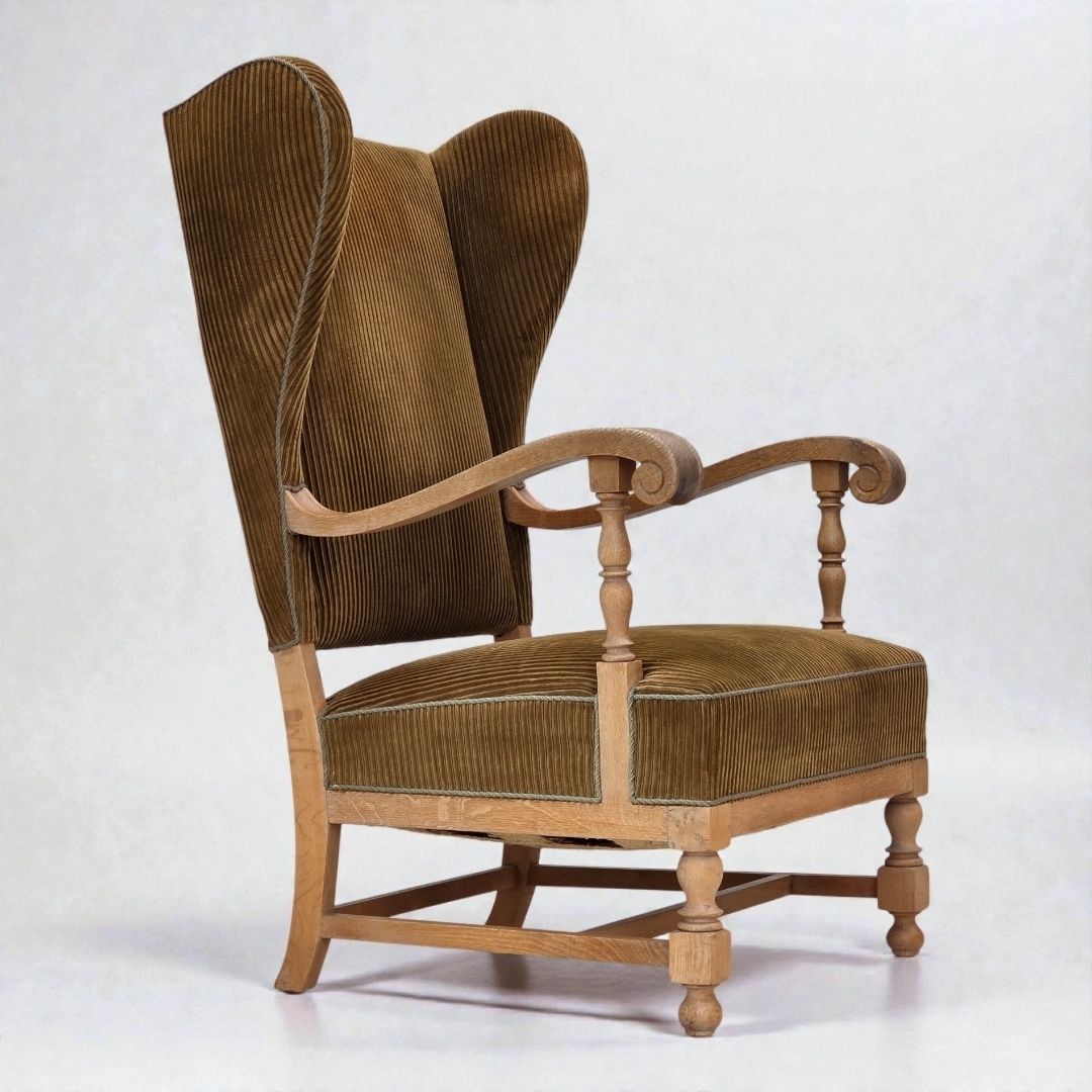 1970s, Scandinavian Wingback, Highback Armchair, Furniture Corduroy, Carved Oak Wood.