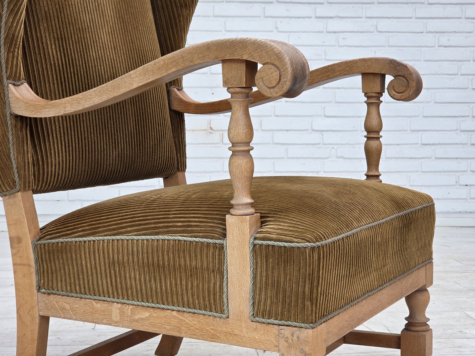 1970s, Scandinavian Wingback, Highback Armchair, Furniture Corduroy, Carved Oak Wood. photo for sale