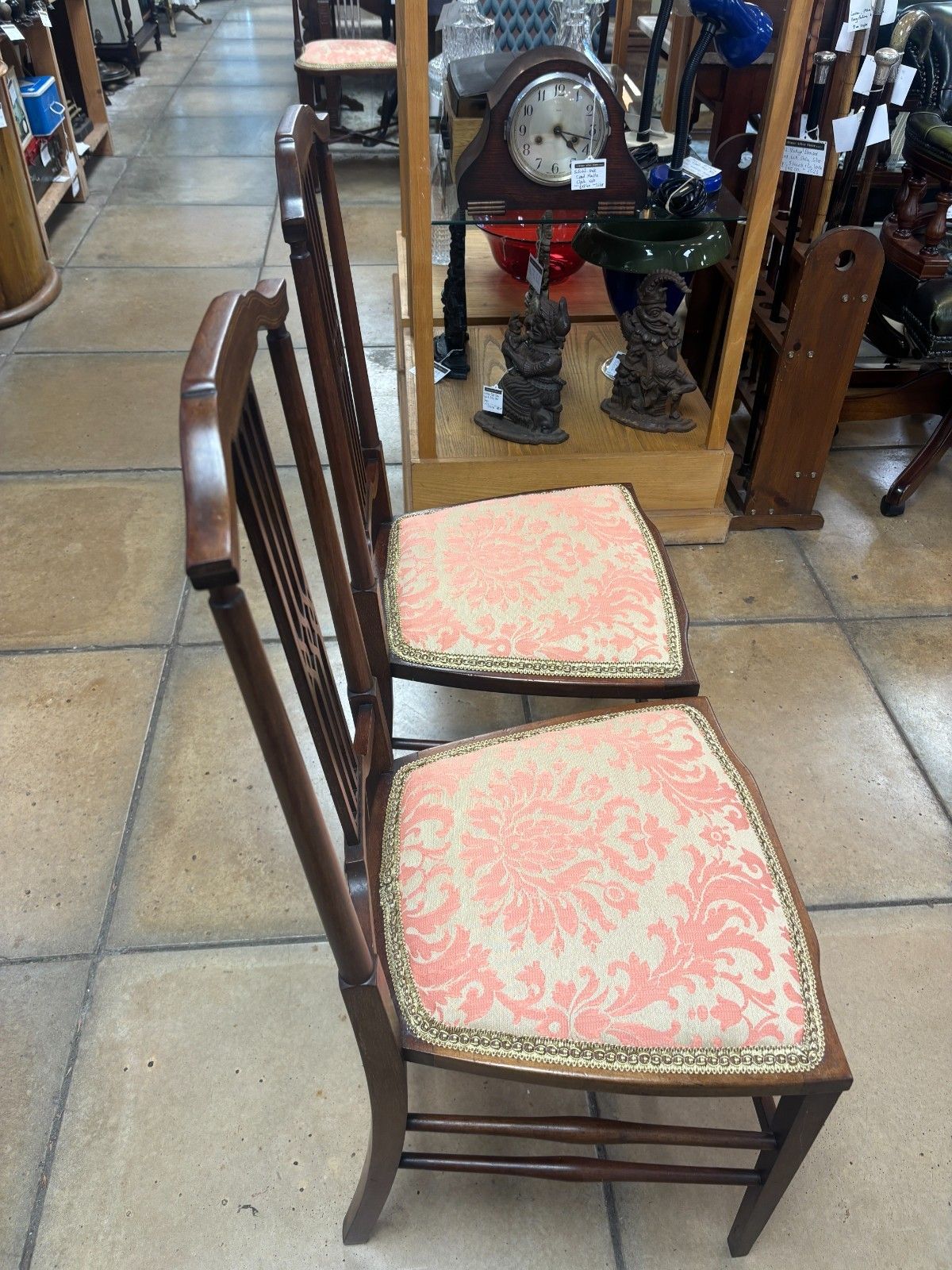 photo furniture Pair Of Edwardian Mahogany Side Chairs With Reupholstered Cushion Base