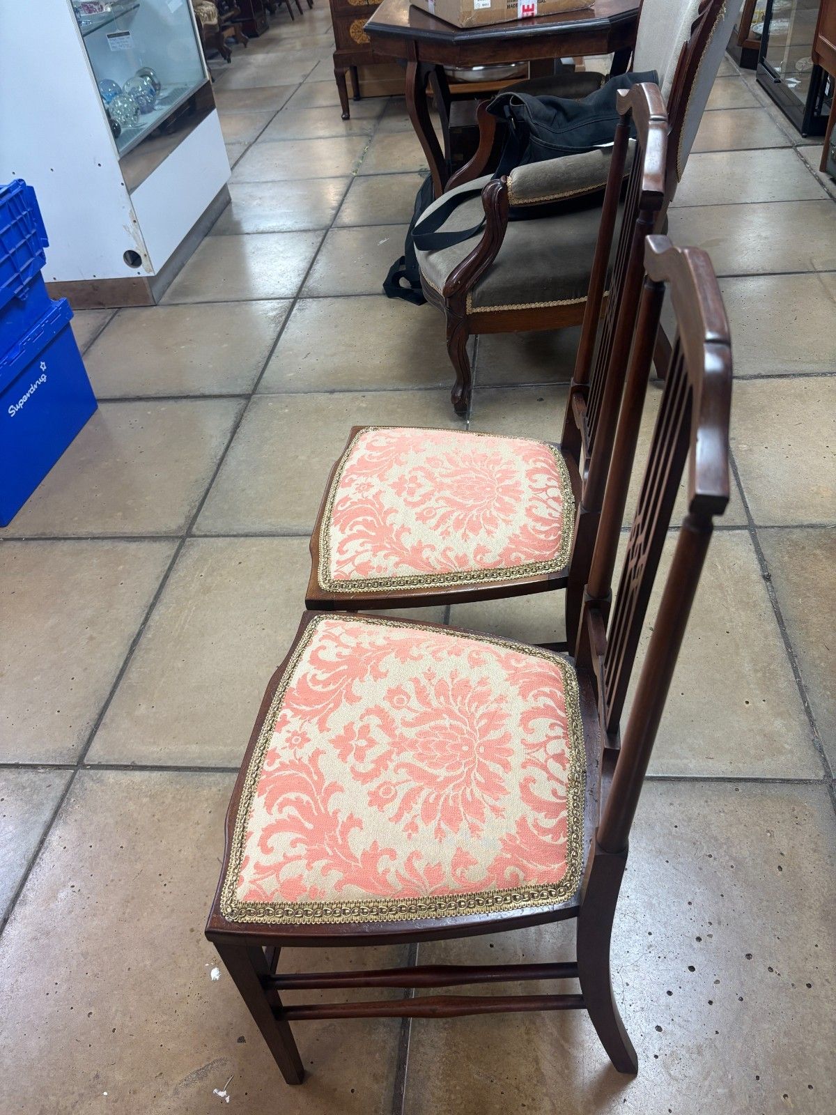 Furniture Pair Of Edwardian Mahogany Side Chairs With Reupholstered Cushion Base photo
