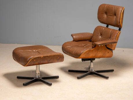 photo vinterior Mid Century Lounge Chair With Ottoman, Leather & Plywood, 1960s