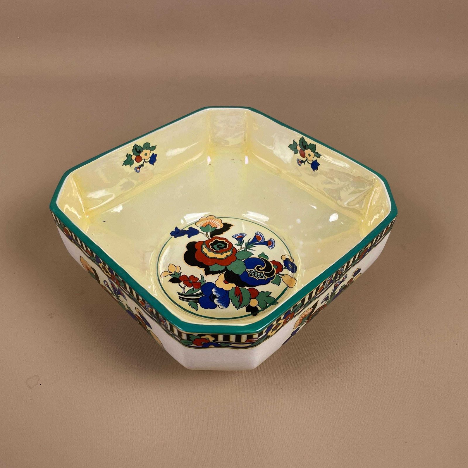 English Flosmaron Ceramic Bowl Vintage Yellow Floral Art Deco Style Display Dish Hand Painted English Pottery Decor C.1930/40's