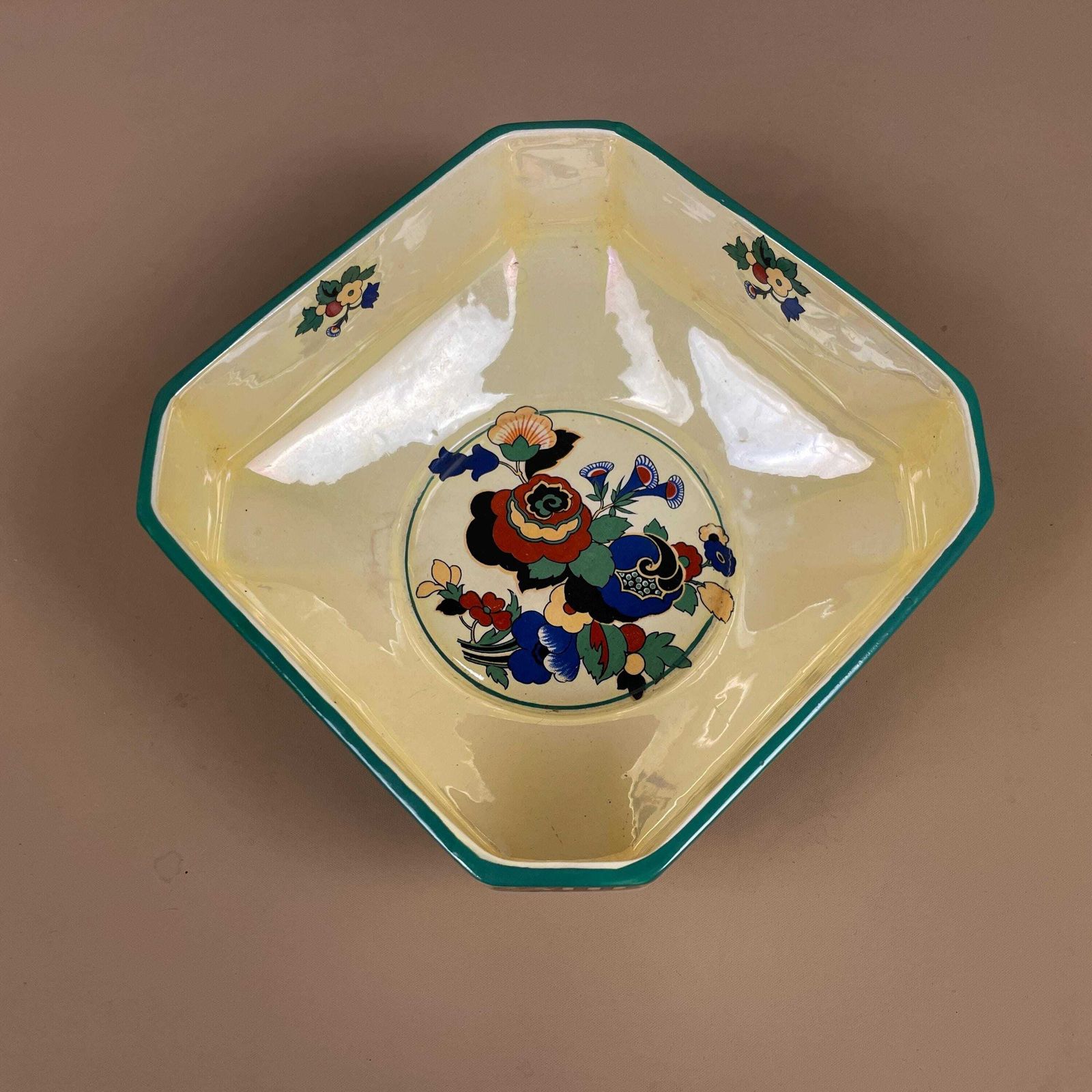 English Flosmaron Ceramic Bowl Vintage Yellow Floral Art Deco Style Display Dish Hand Painted English Pottery Decor C.1930/40's photo Home Decor