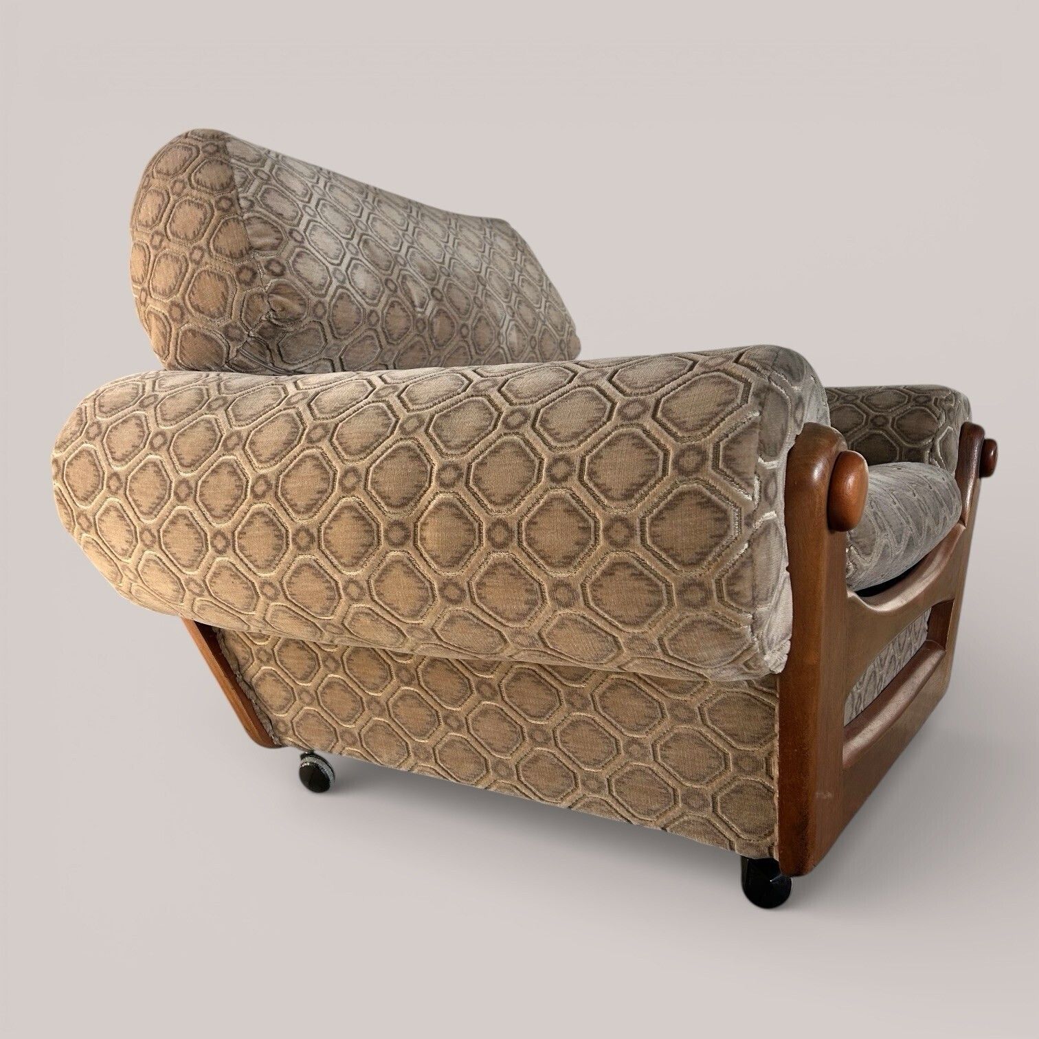 Mid Century Teak Armchair With Velour Upholstery | On Castors photo furniture