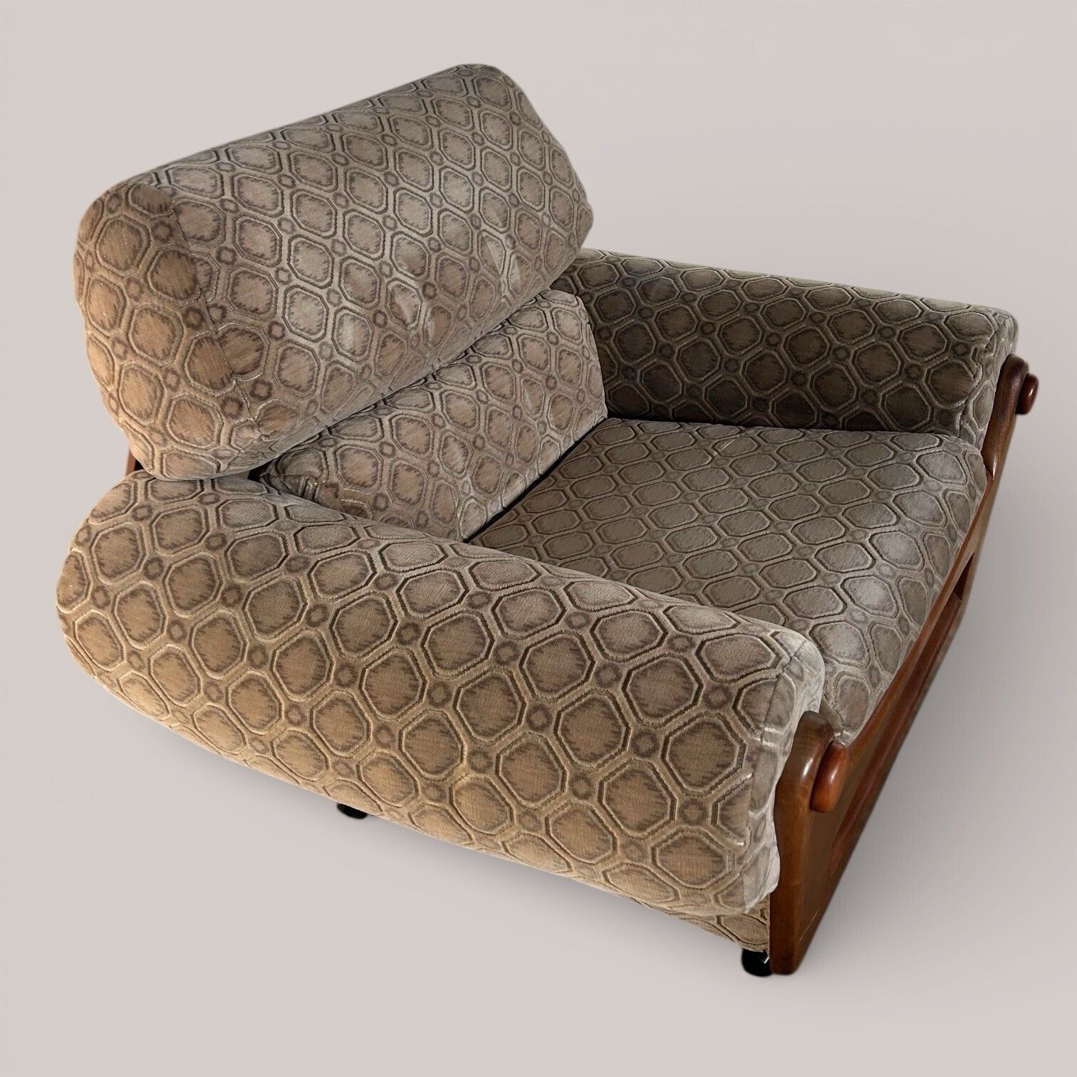 Mid Century Teak Armchair With Velour Upholstery | On Castors photo for sale
