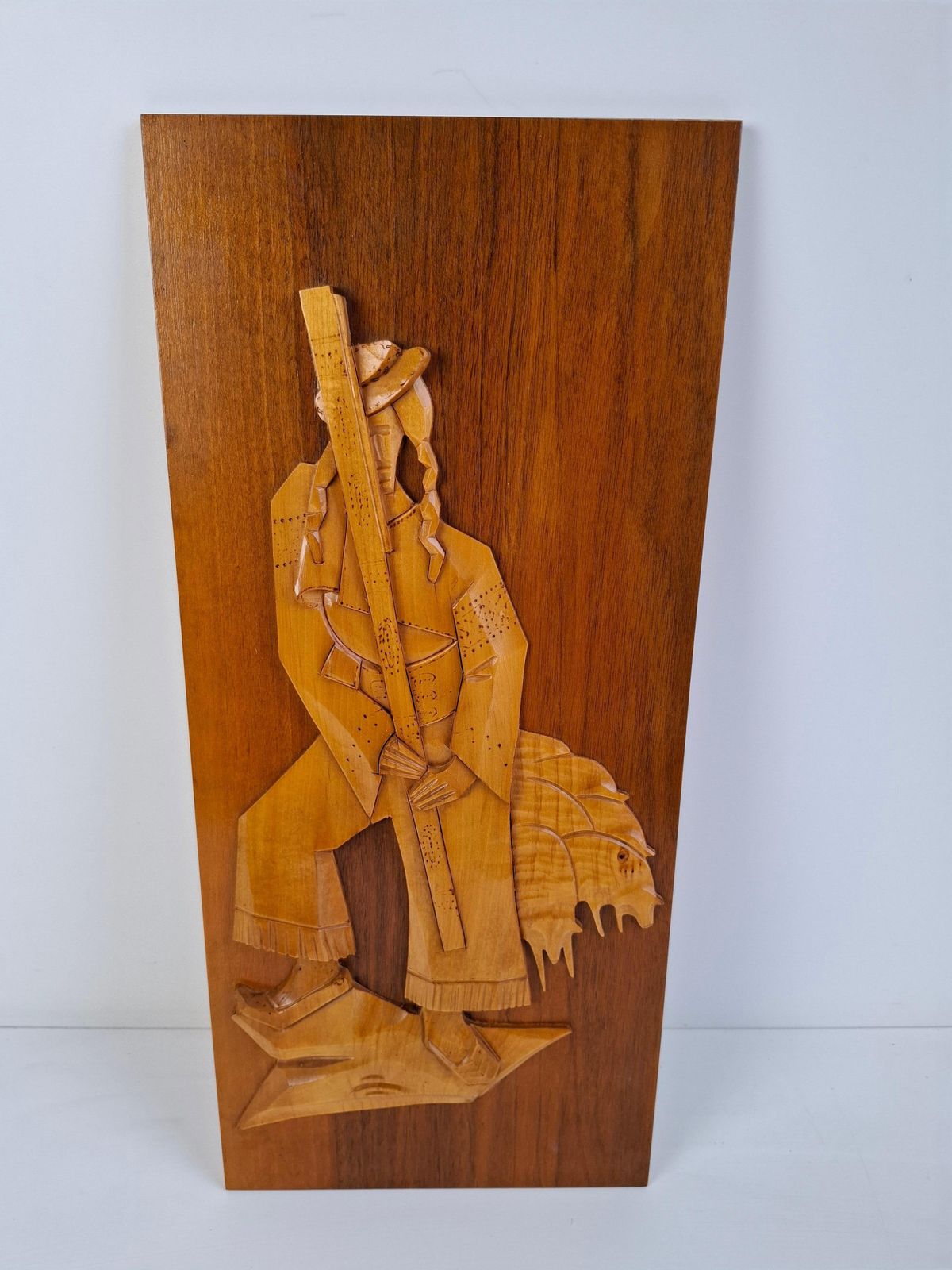 Midcentury Czech Hand Carved Wooden Shepherd Wall Relief, 1960 photo for sale