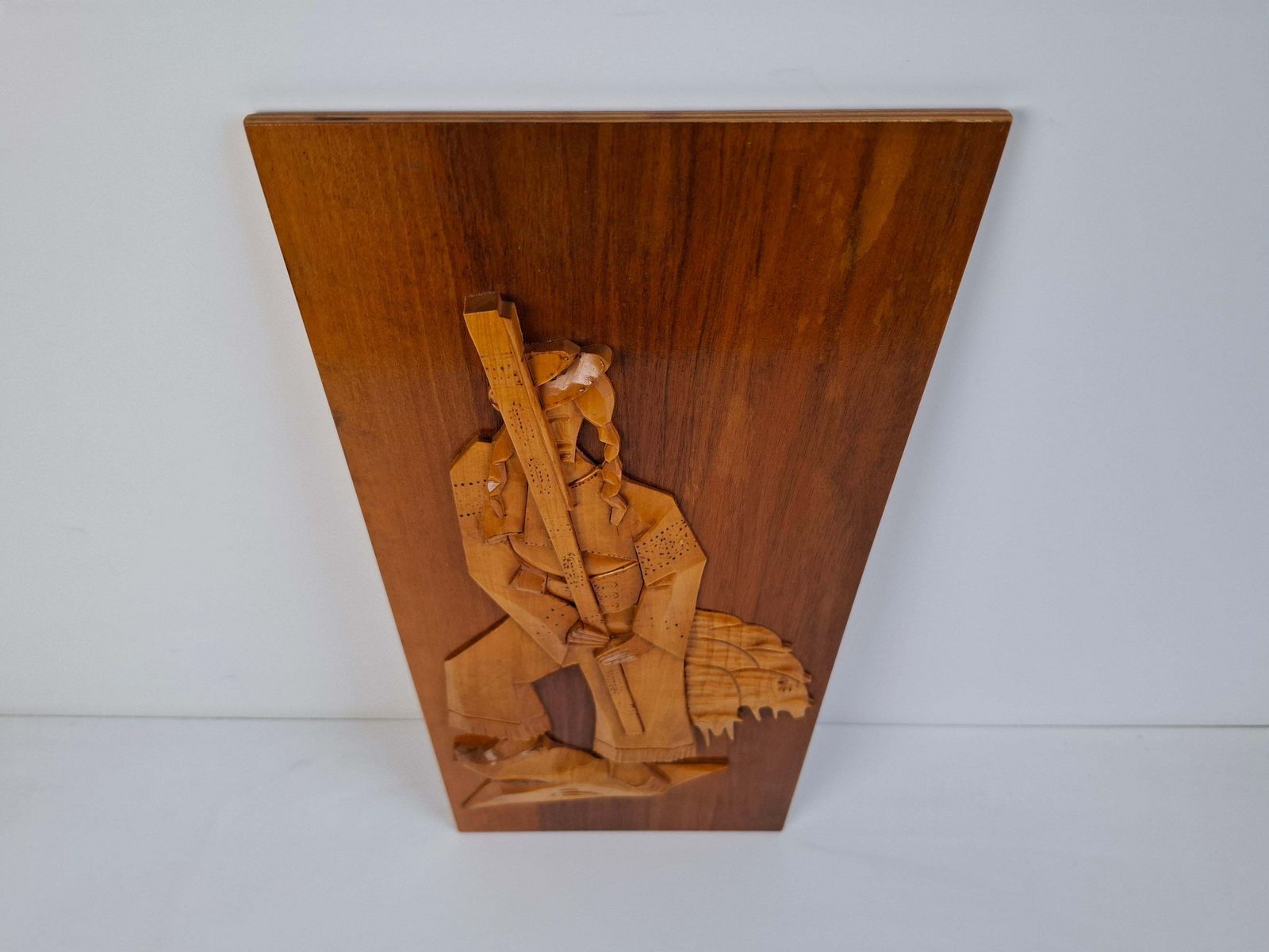 photo for sale Midcentury Czech Hand Carved Wooden Shepherd Wall Relief, 1960