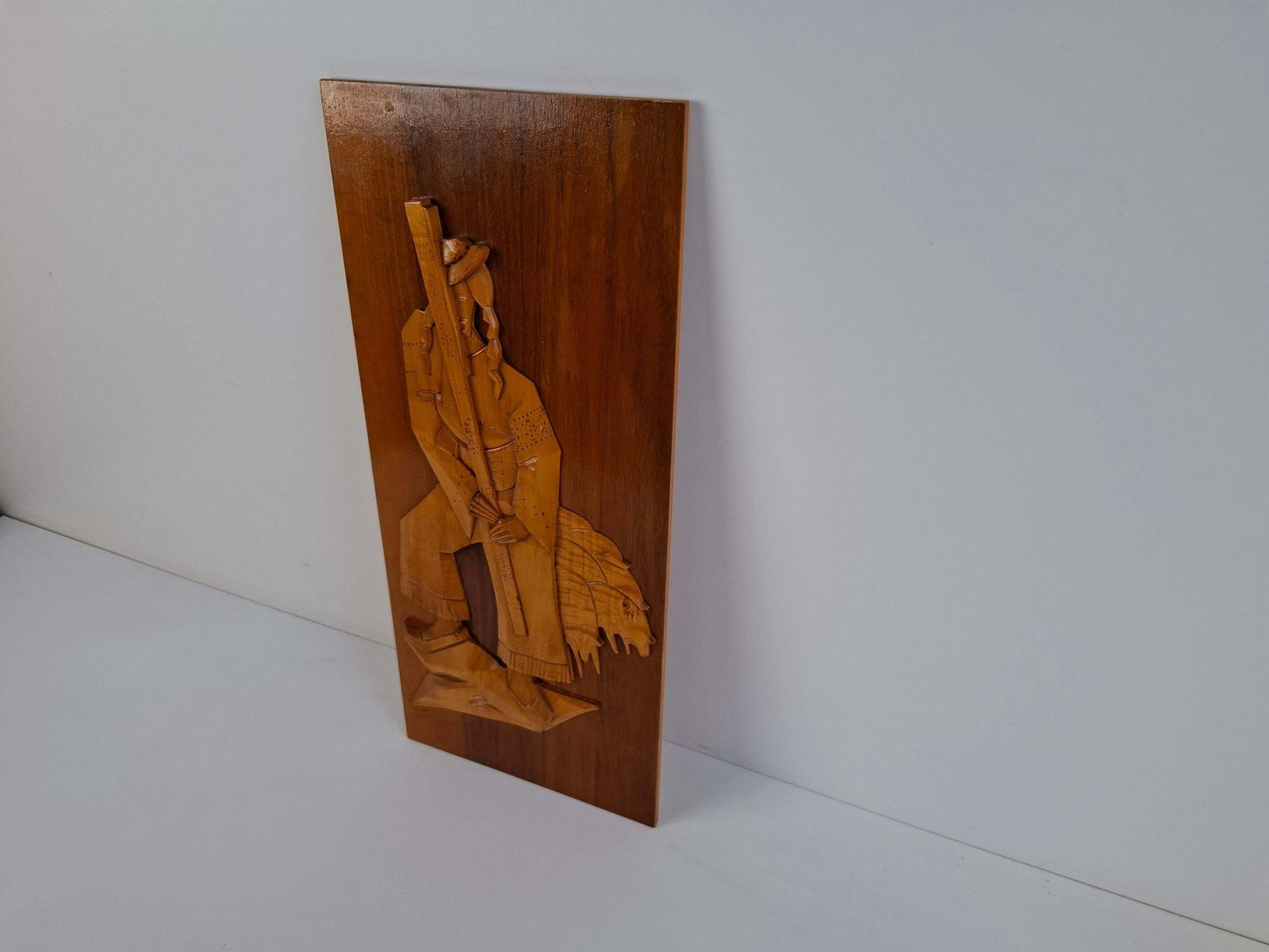 Art Midcentury Czech Hand Carved Wooden Shepherd Wall Relief, 1960 photo