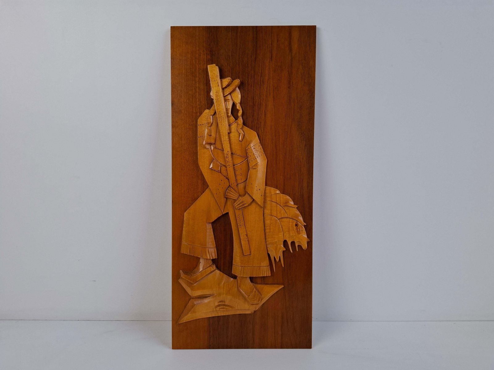 photo buy Midcentury Czech Hand Carved Wooden Shepherd Wall Relief, 1960