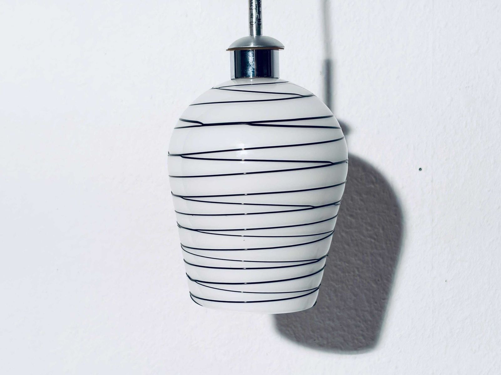 Vintage Scandinavian Striped White Black Glass Hanging Lamp / Handmade Lamp Shade 1970s Denmark