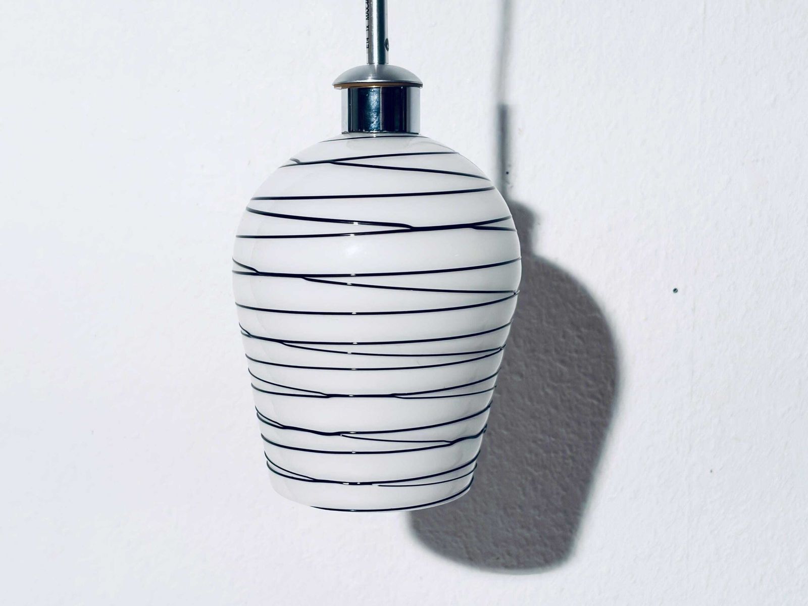 Vintage Scandinavian Striped White Black Glass Hanging Lamp / Handmade Lamp Shade 1970s Denmark photo Lighting