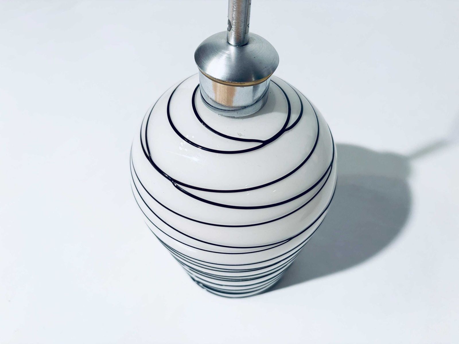 Vintage Scandinavian Striped White Black Glass Hanging Lamp / Handmade Lamp Shade 1970s Denmark photo vintage