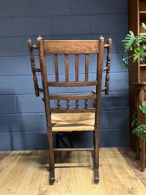 Antique Elmwood Lancashire Wool Winding Chair W. Rush Seat photo Furniture