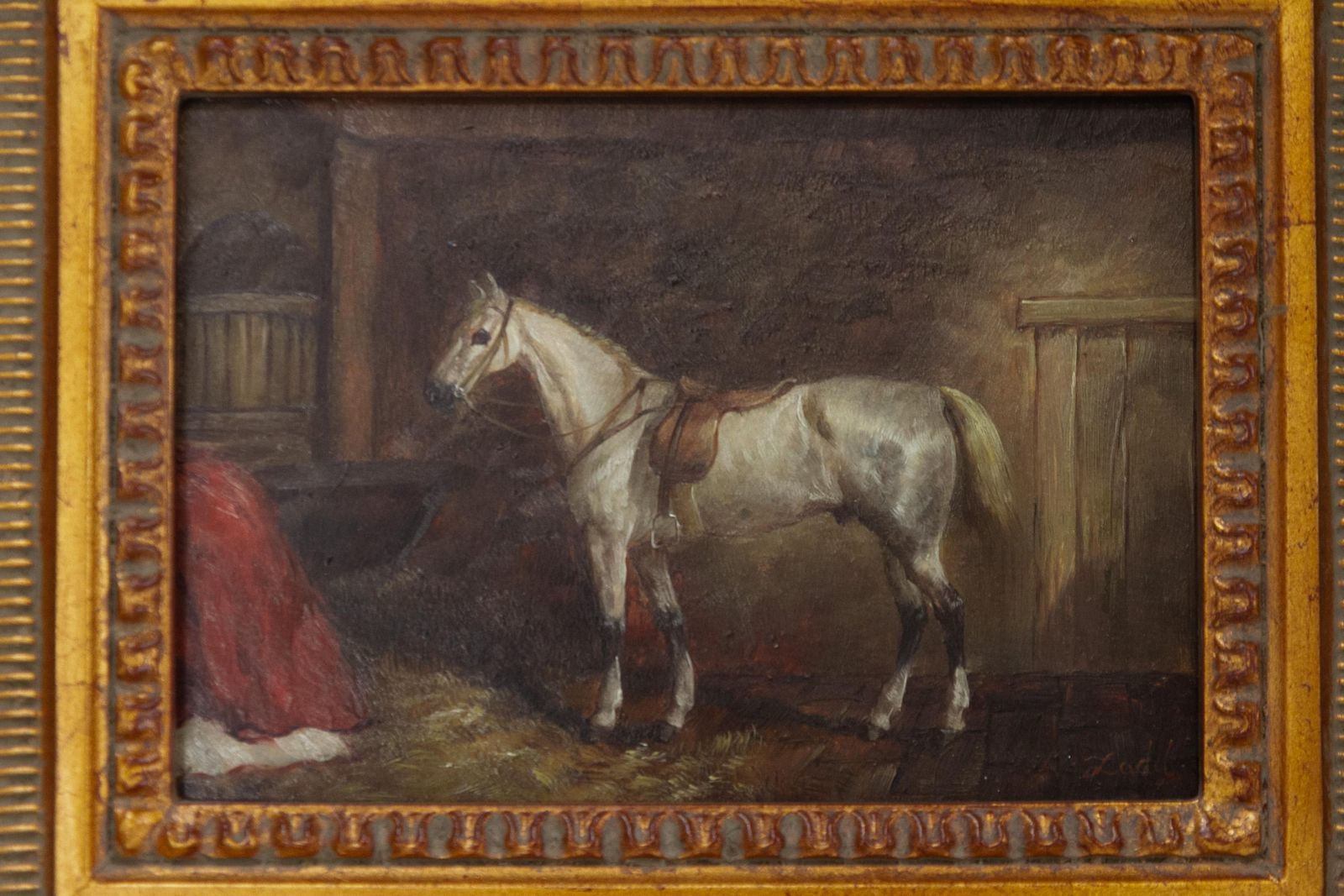 Vintage Oil Painting Of White Horse In Gilded Frame, 20th Century. photo furniture