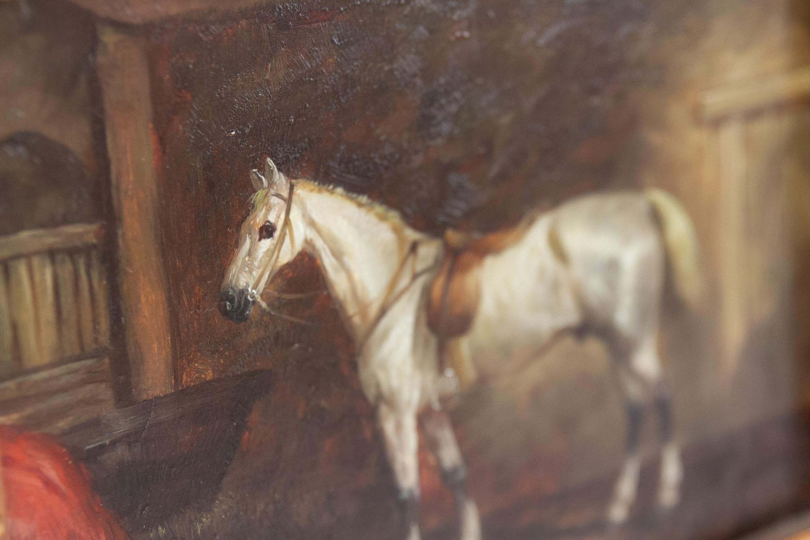 Vintage Oil Painting Of White Horse In Gilded Frame, 20th Century. photo Art