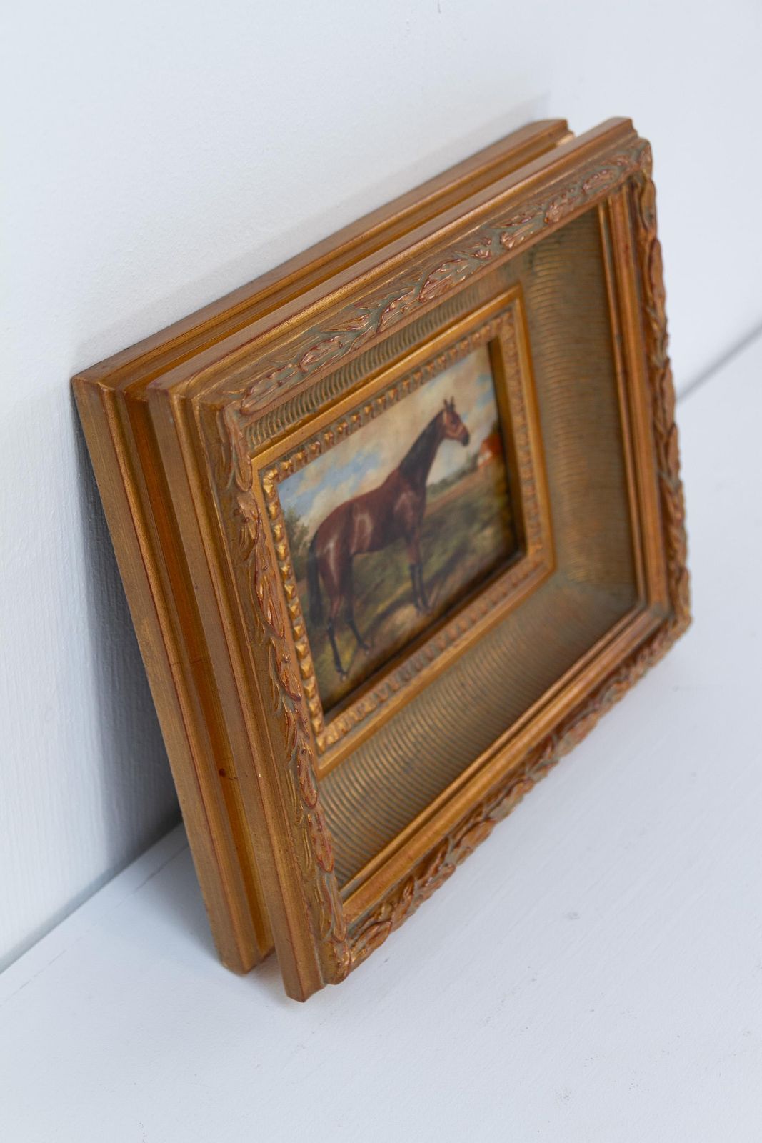 Vintage Oil Painting Of Bay Horse In Gilded Frame, 20th Century. photo for sale