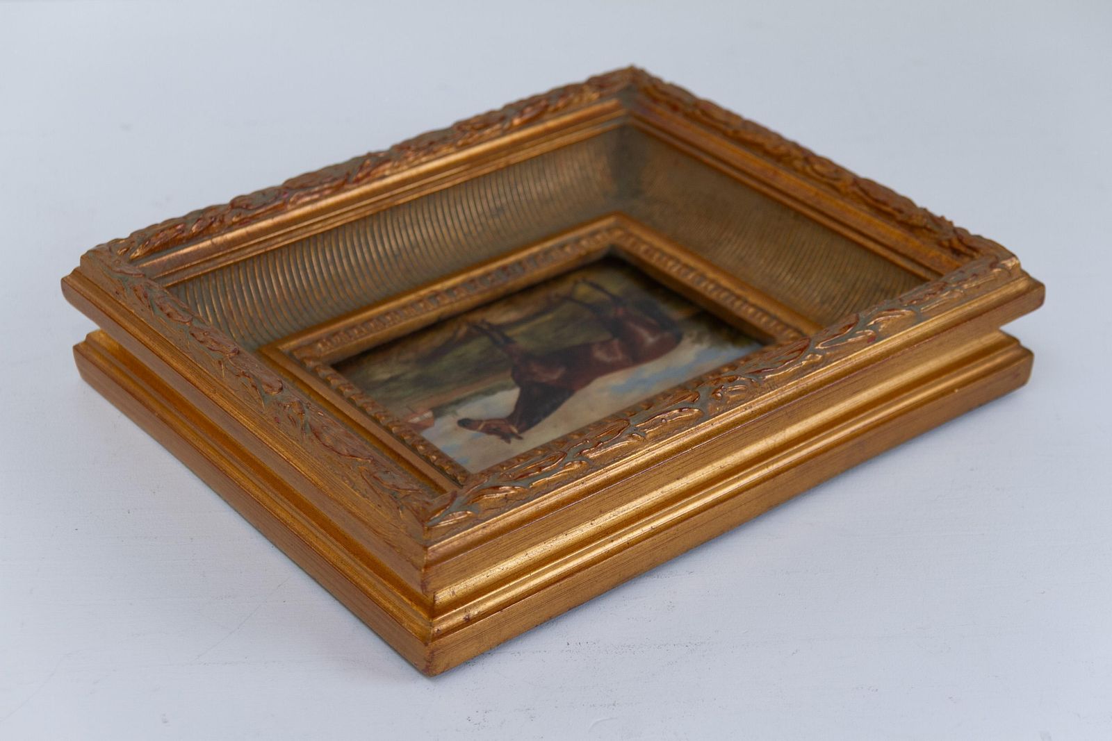 photo furniture Vintage Oil Painting Of Bay Horse In Gilded Frame, 20th Century.