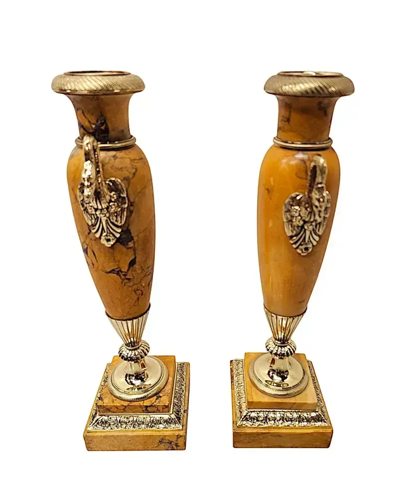A Very Rare Pair Of 19th Century Sienna Marble Urns With Polished Brass Mounts photo furniture