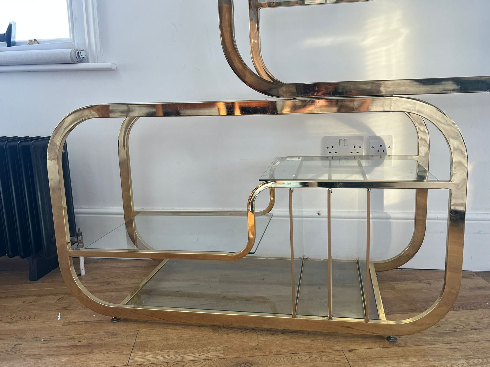 Mid Century Modern Curvilinear Polished Brass & Glass Etagere By Milo Baughman photo for sale