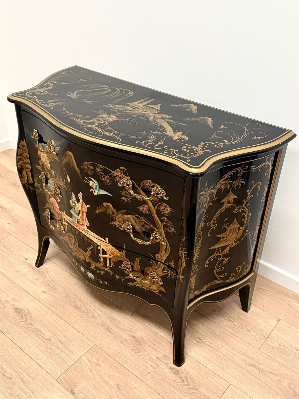 Black Lacquer Chest Hand Painted Decorative Chinese Antique 0229. photo vintage