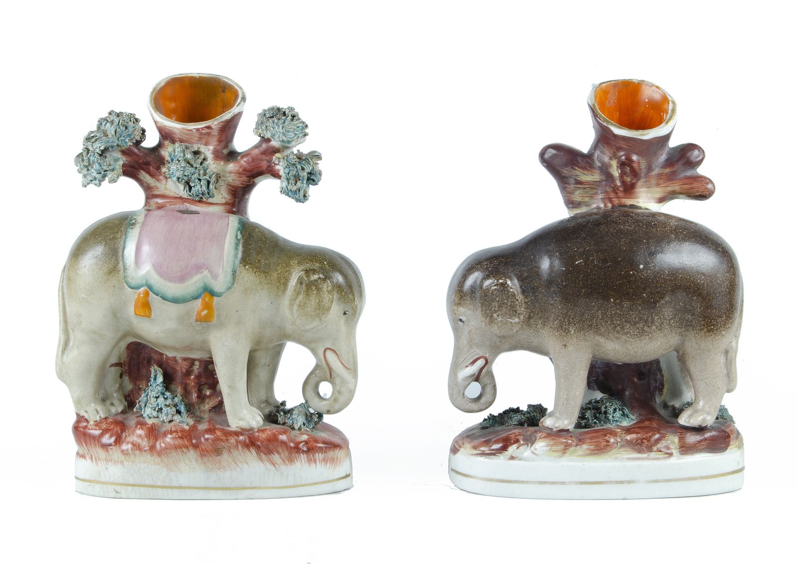 Pair Of Late 19th Century Victorian Staffordshire Earthenware Elephant Sculptures/Spill Vases, England